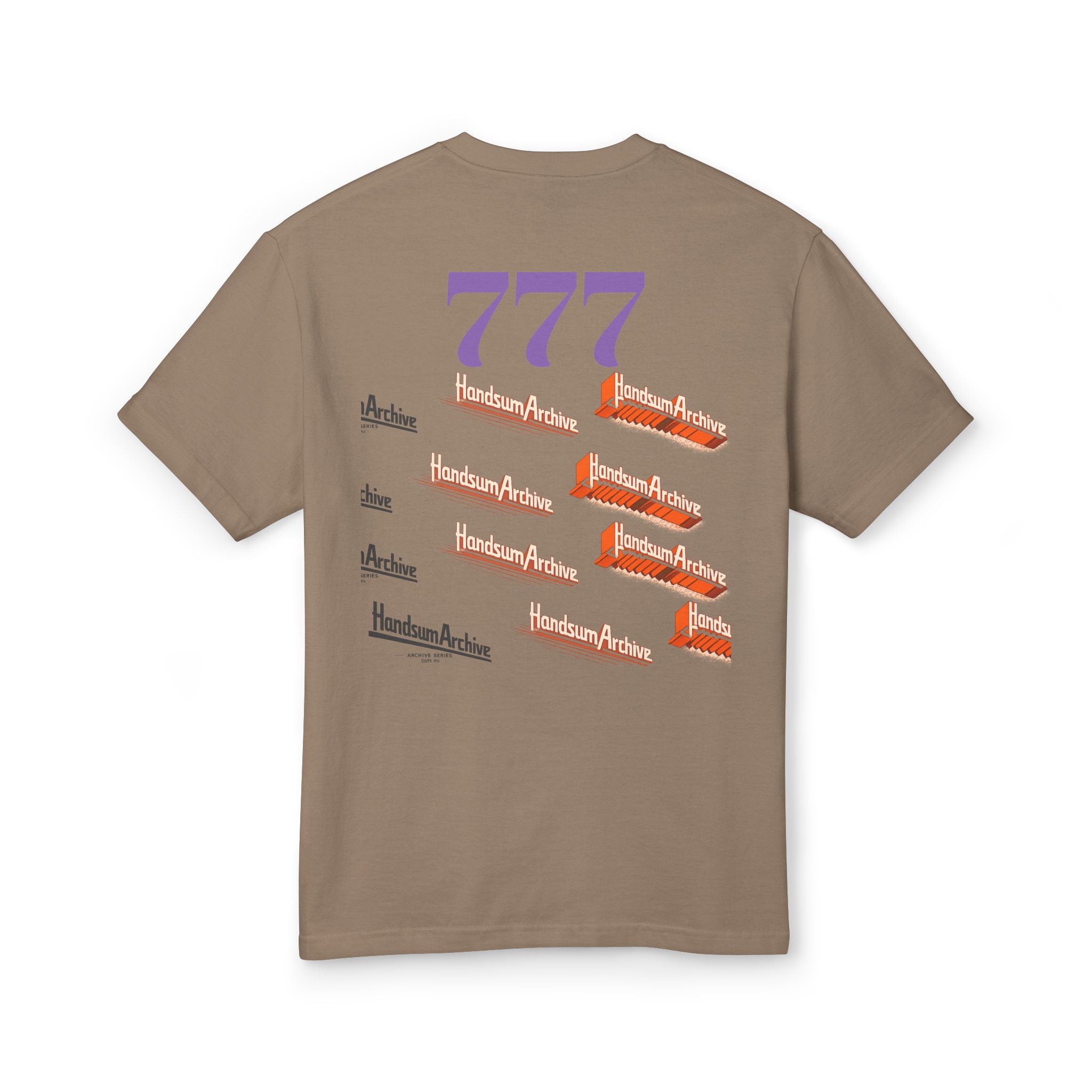 Faded brown T-shirt back with purple “777” print and repeated “HandsumArchive” logos