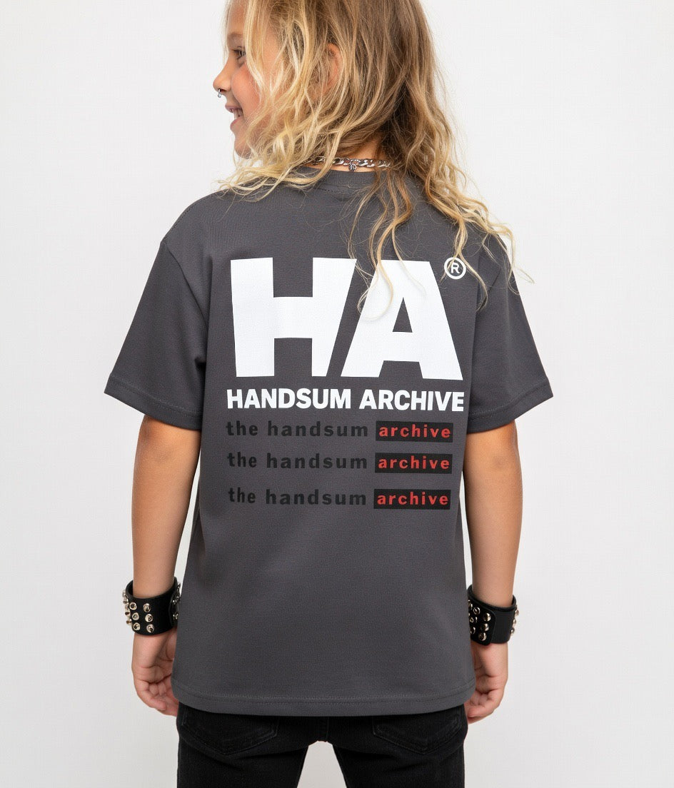 Dark gang tee back with large "HA" and "HANDSUM ARCHIVE" text print