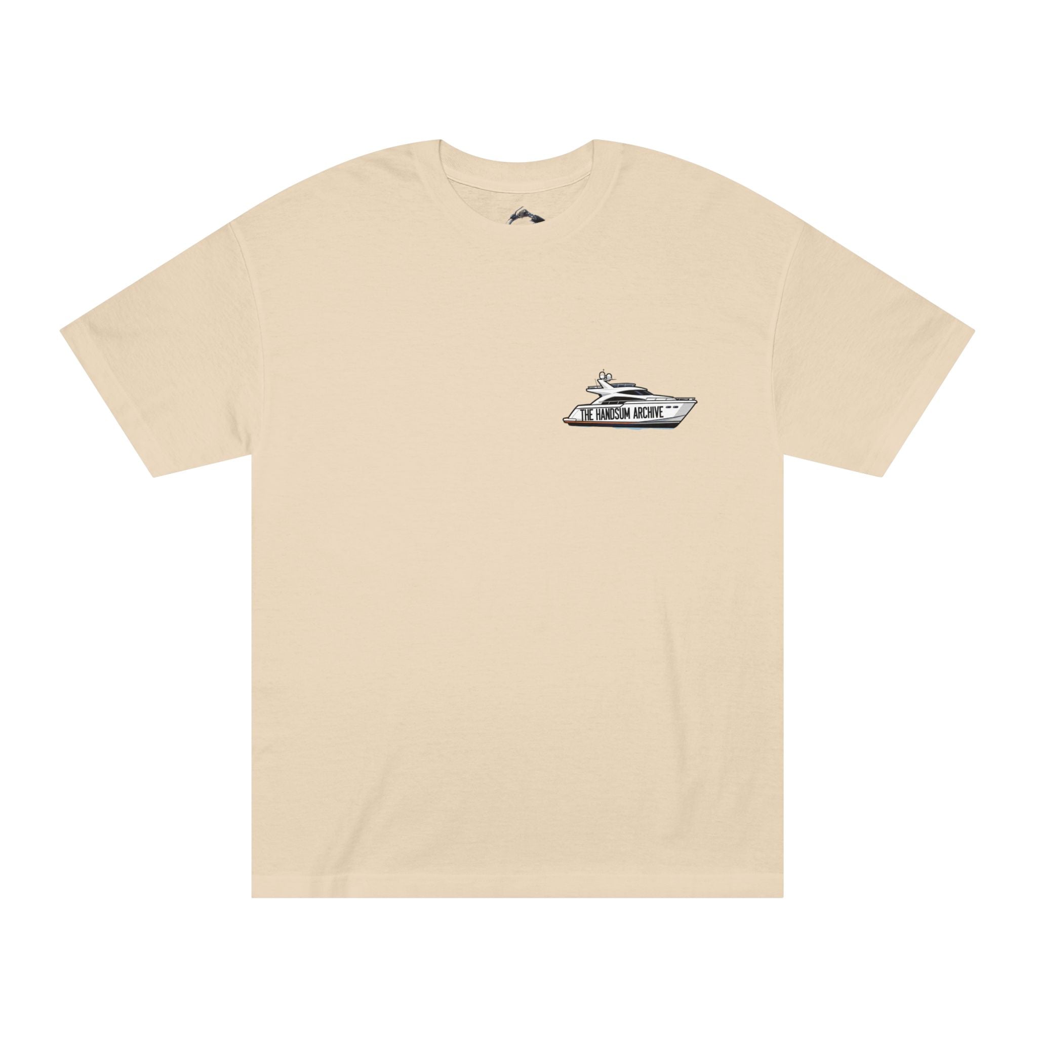 Sand short-sleeve tee with small centered logo graphic on chest