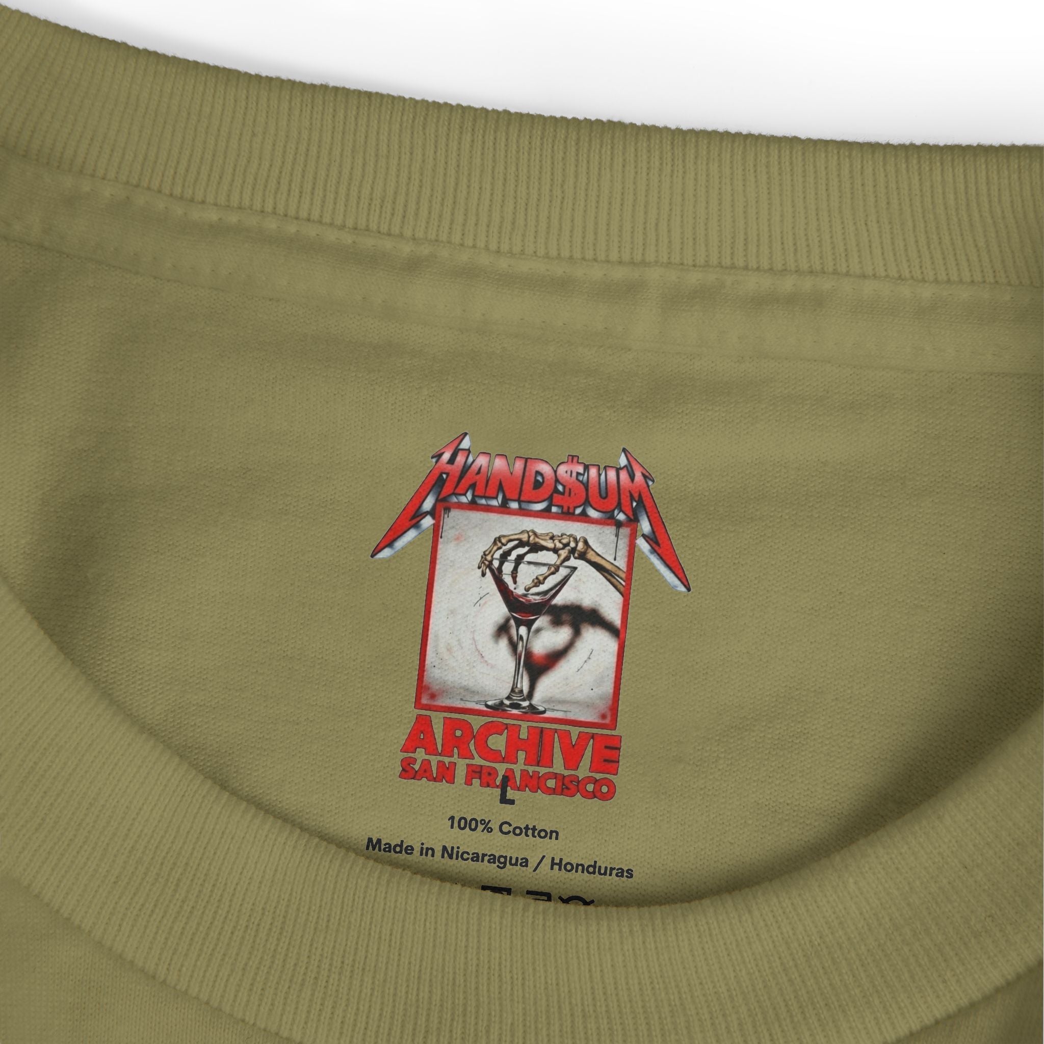 Olive green crewneck T-shirt with small chest graphic