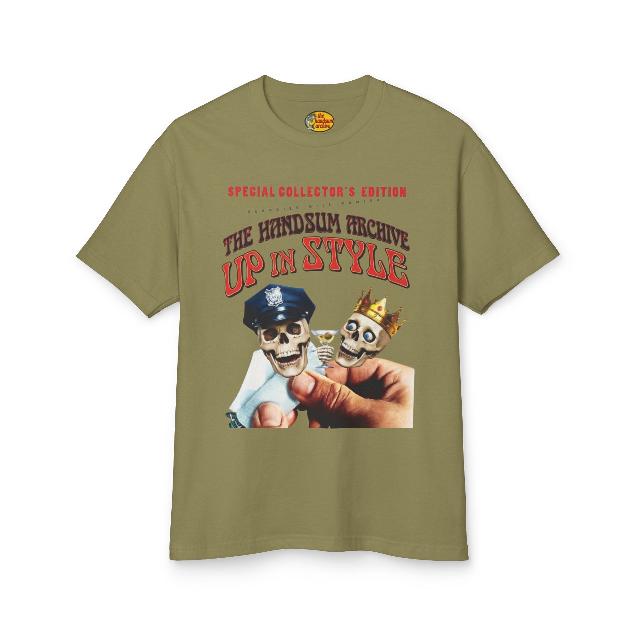 Olive green crewneck T-shirt with front graphic print of two skulls and red “Up in Style” text.