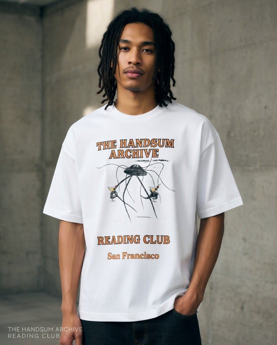 White crewneck T-shirt, front bug graphic with The Handsum Archive and San Francisco