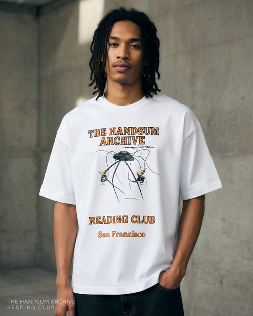 White crewneck T-shirt, front bug graphic with The Handsum Archive and San Francisco