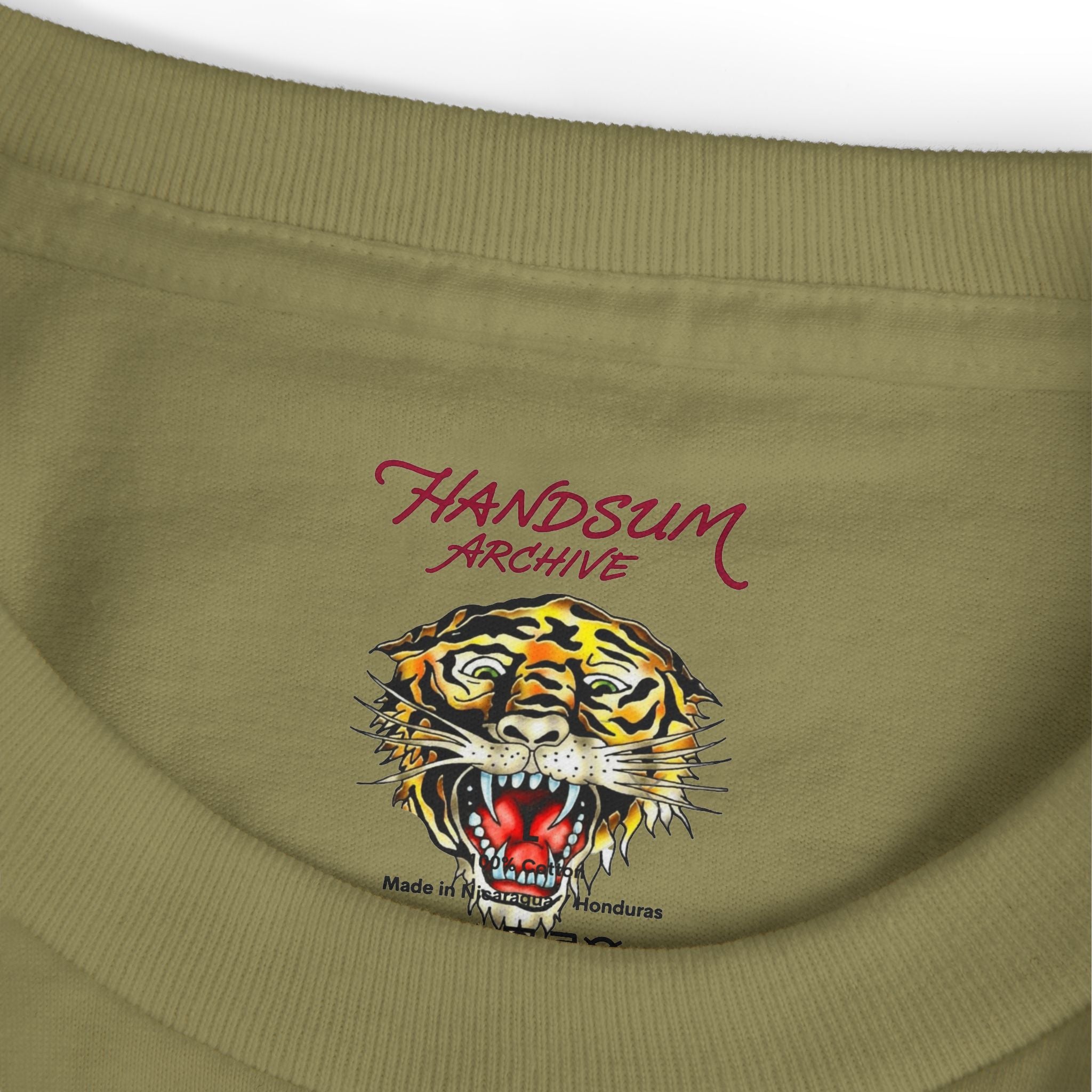 Faded olive T-shirt with HANDSUM ARCHIVE text and tiger graphic at chest