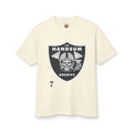 Faded cream T-shirt, crew neck, with shield-style “Handsum Archive” graphic and small “7”