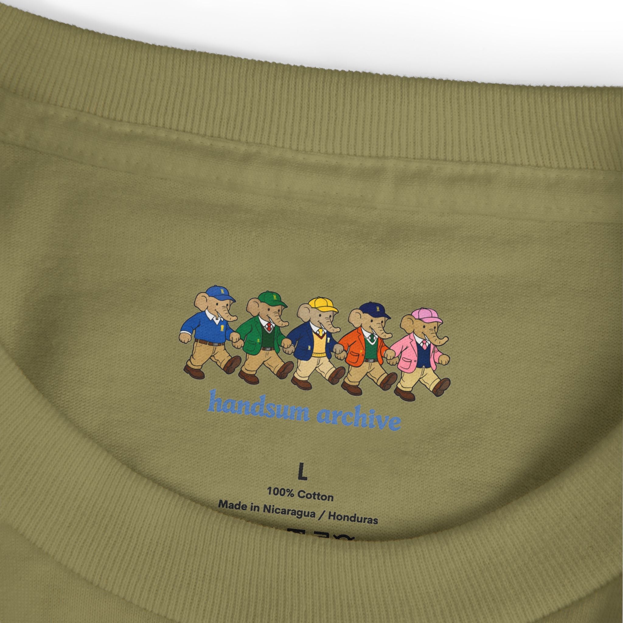 Olive cotton neck label with illustrated artwork and size "L"