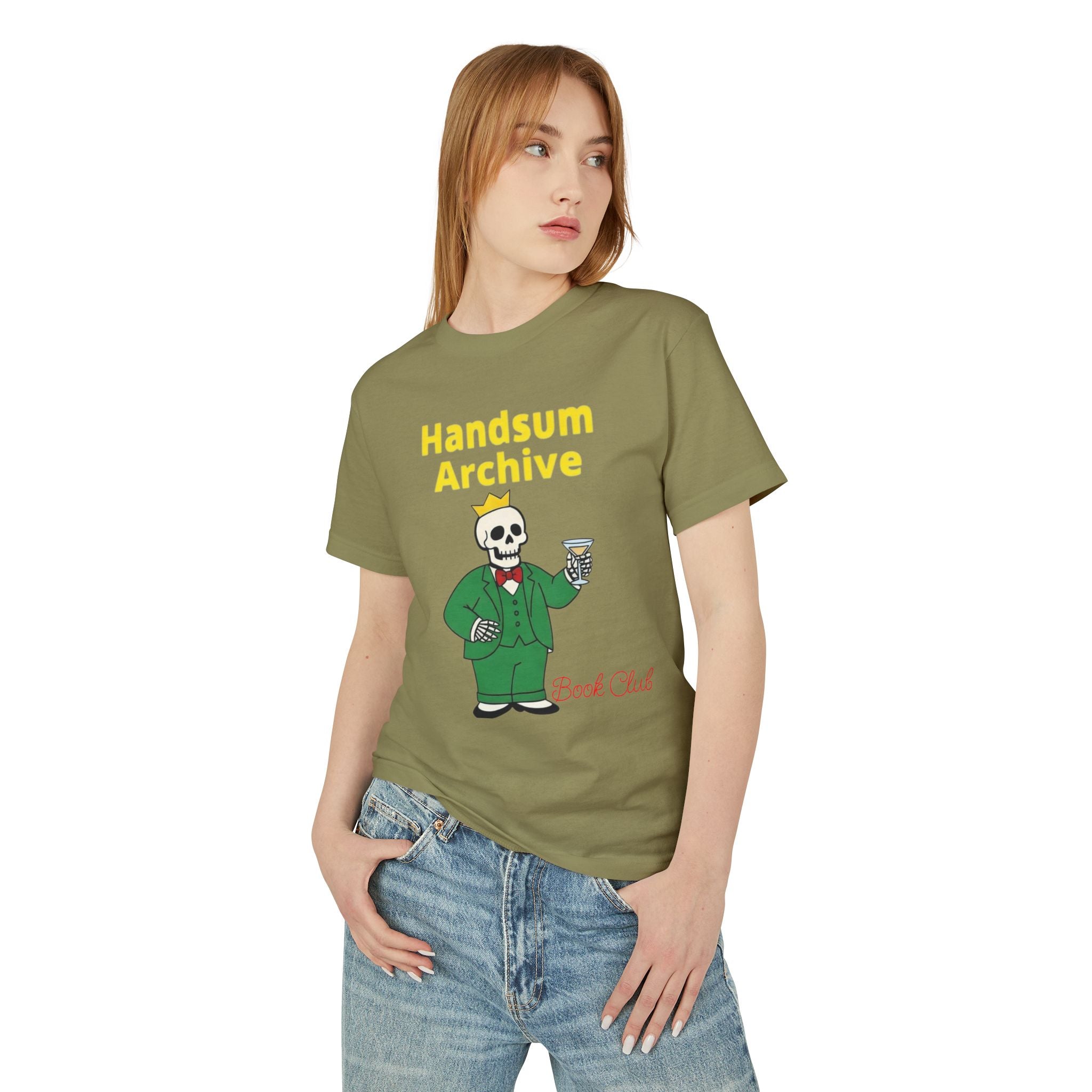 Faded olive T-shirt with yellow Handsum Archive graphic and skull bartender print