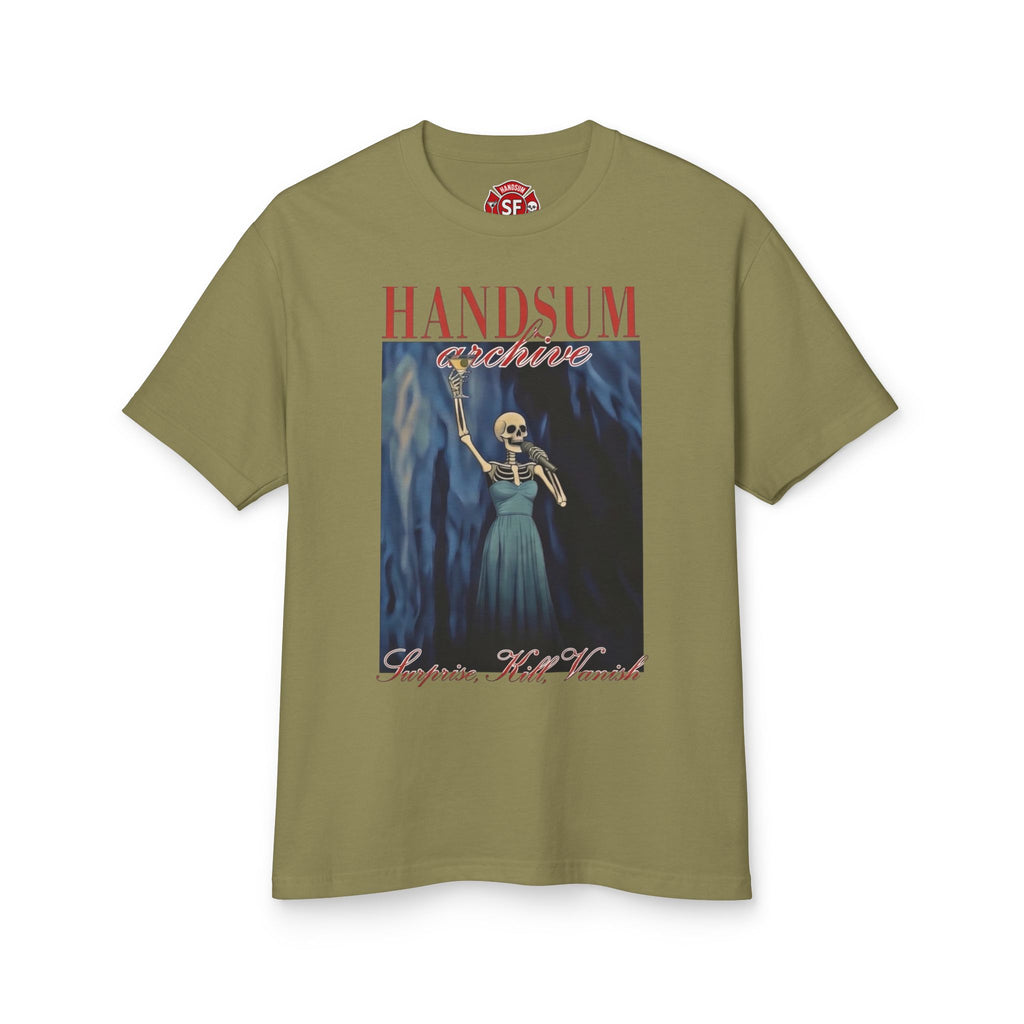 Olive-green crew-neck tee with front skeleton holding scythe graphic and HANDSUM logo