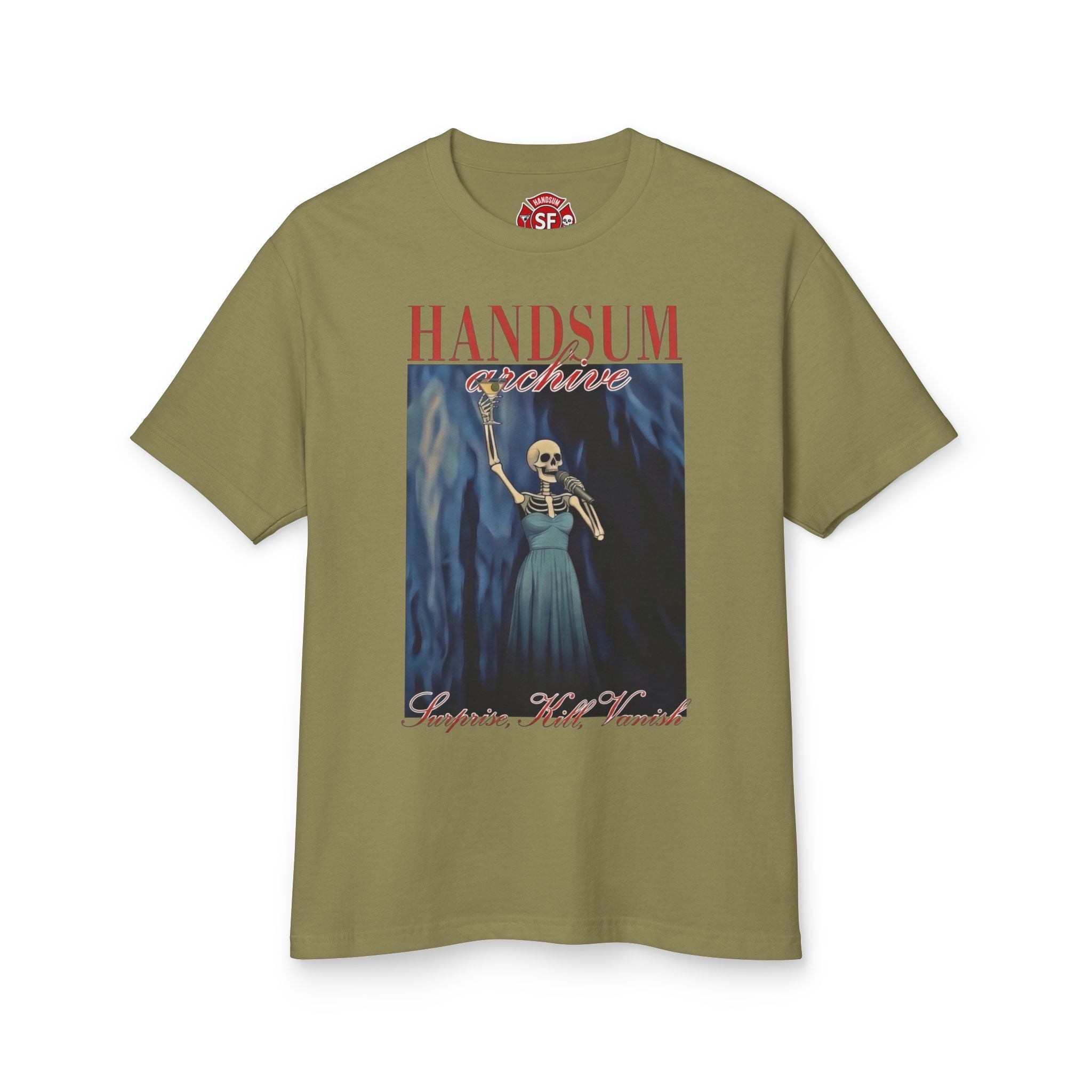Olive-green crew-neck tee with front skeleton holding scythe graphic and HANDSUM logo