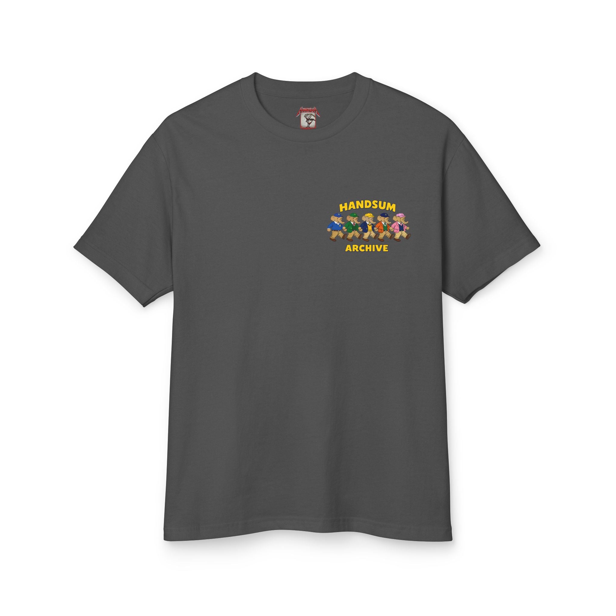 Charcoal Liberty Style tee with small chest logo graphic and crew neck
