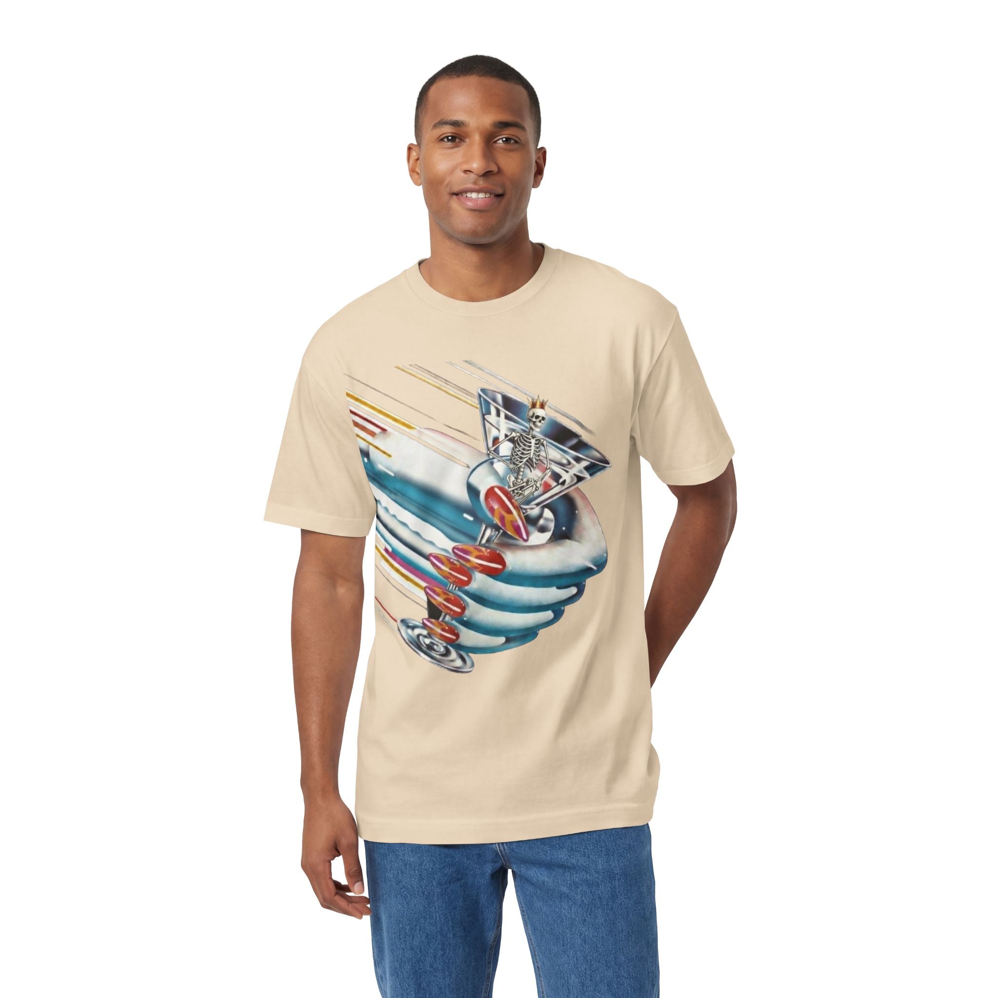 Light cream graphic T-shirt with short sleeves and crew neck on male model