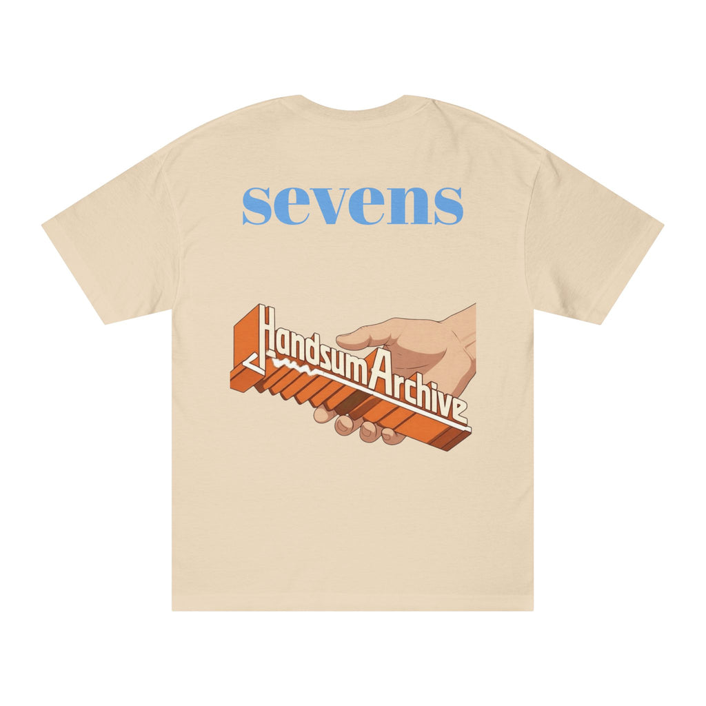 Light T-shirt with back print reading “sevens” and “landSumaArchiv” graphic