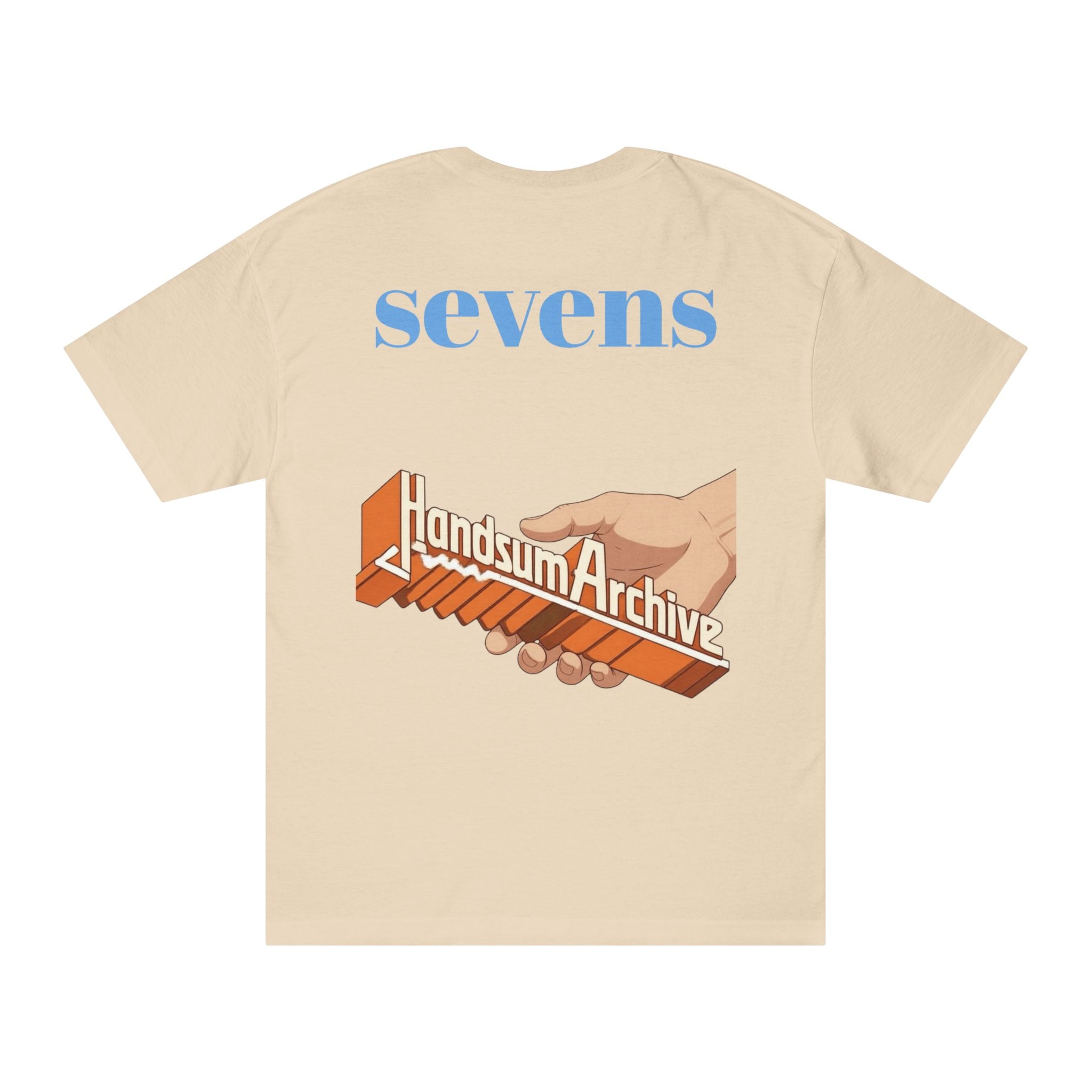 Light T-shirt with back print reading “sevens” and “landSumaArchiv” graphic