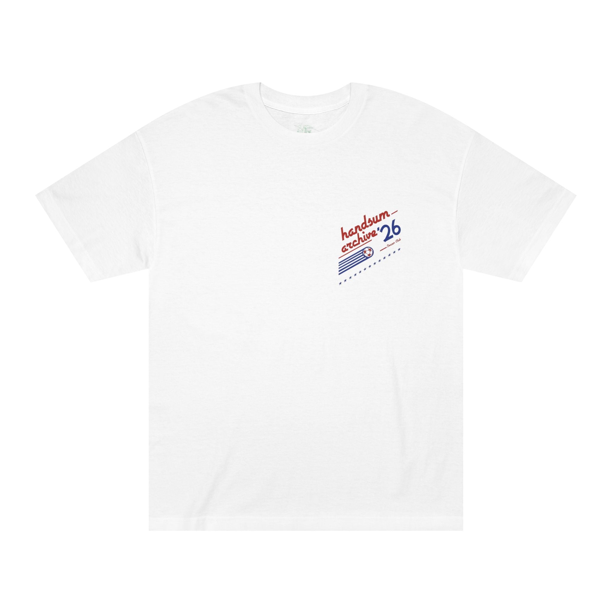 White short-sleeve tee with small chest graphic logo