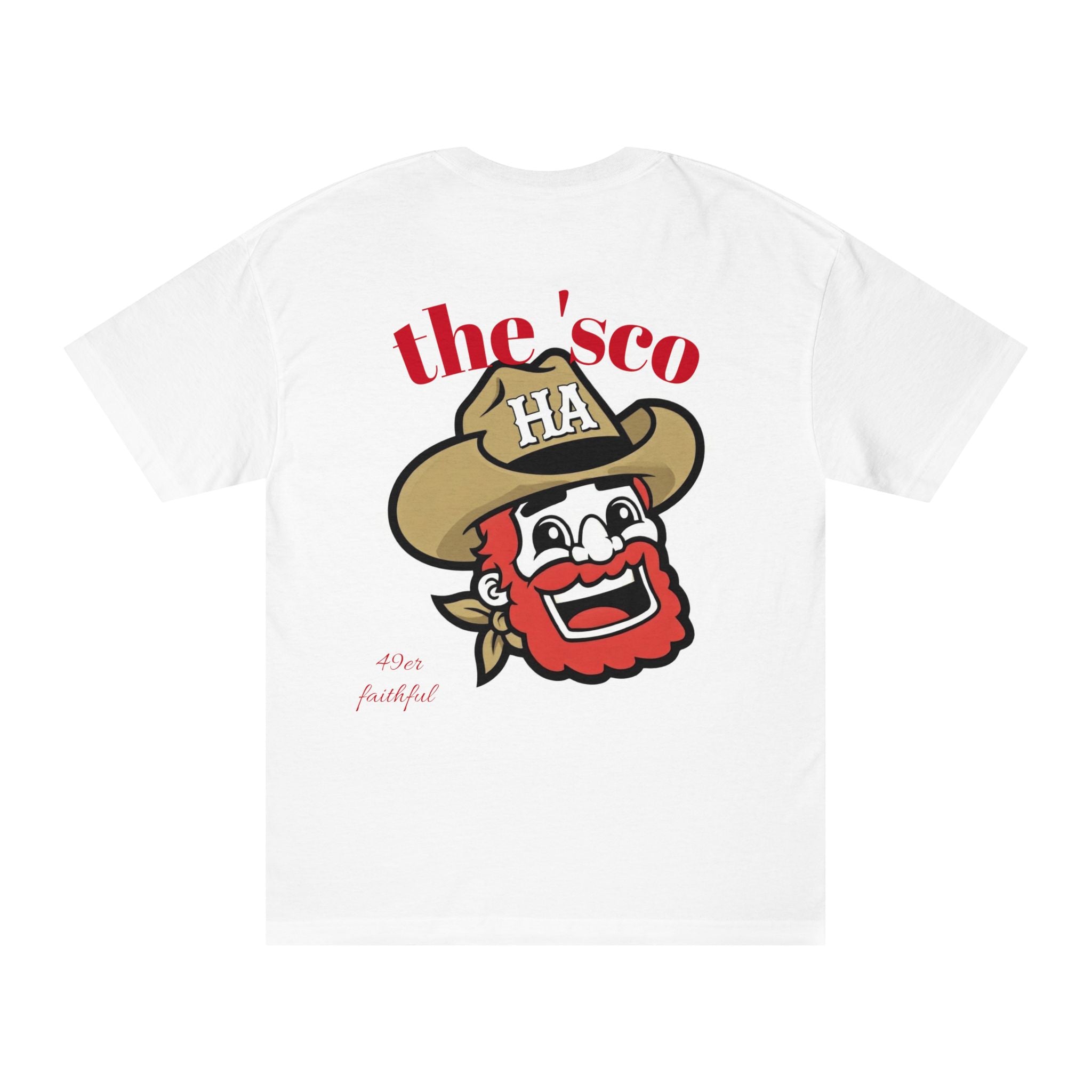 White crewneck T-shirt with red "the'sco" text and cartoon mascot graphic on front