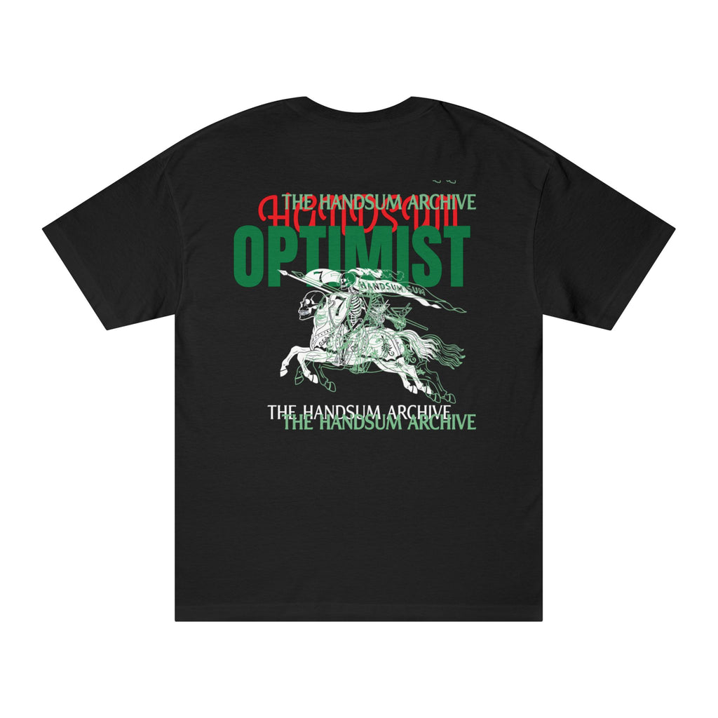 Black T-shirt back design with OPTIMIST text and detailed green horse illustration.