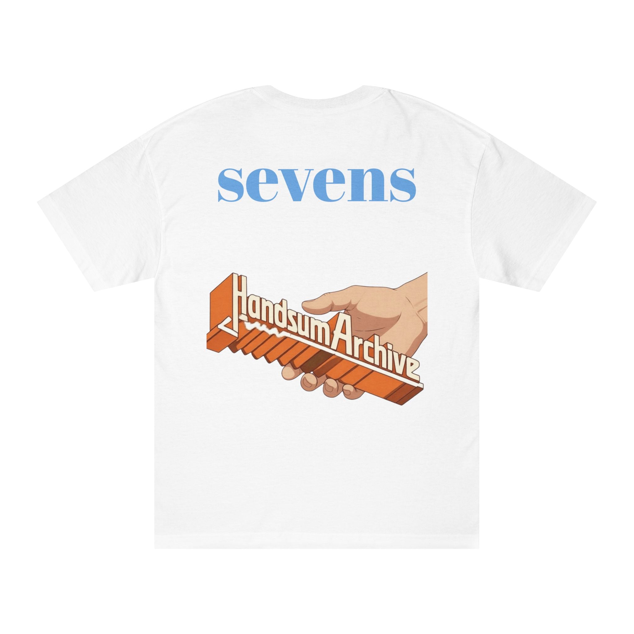 White Turbo Tee with 'sevens' and orange archive hand graphic on back
