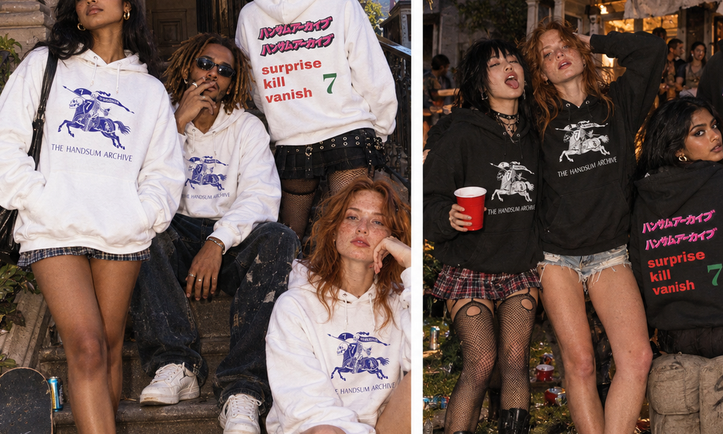White Champion hoodie with front graphic and colorful 'surprise vanish 7' text