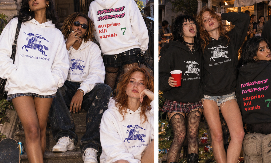White Champion hoodie with front graphic and colorful 'surprise vanish 7' text