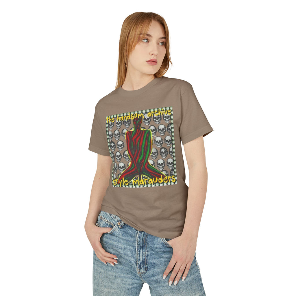 Marauders graphic tee in faded dark brown with colorful skull pattern and red hand front print