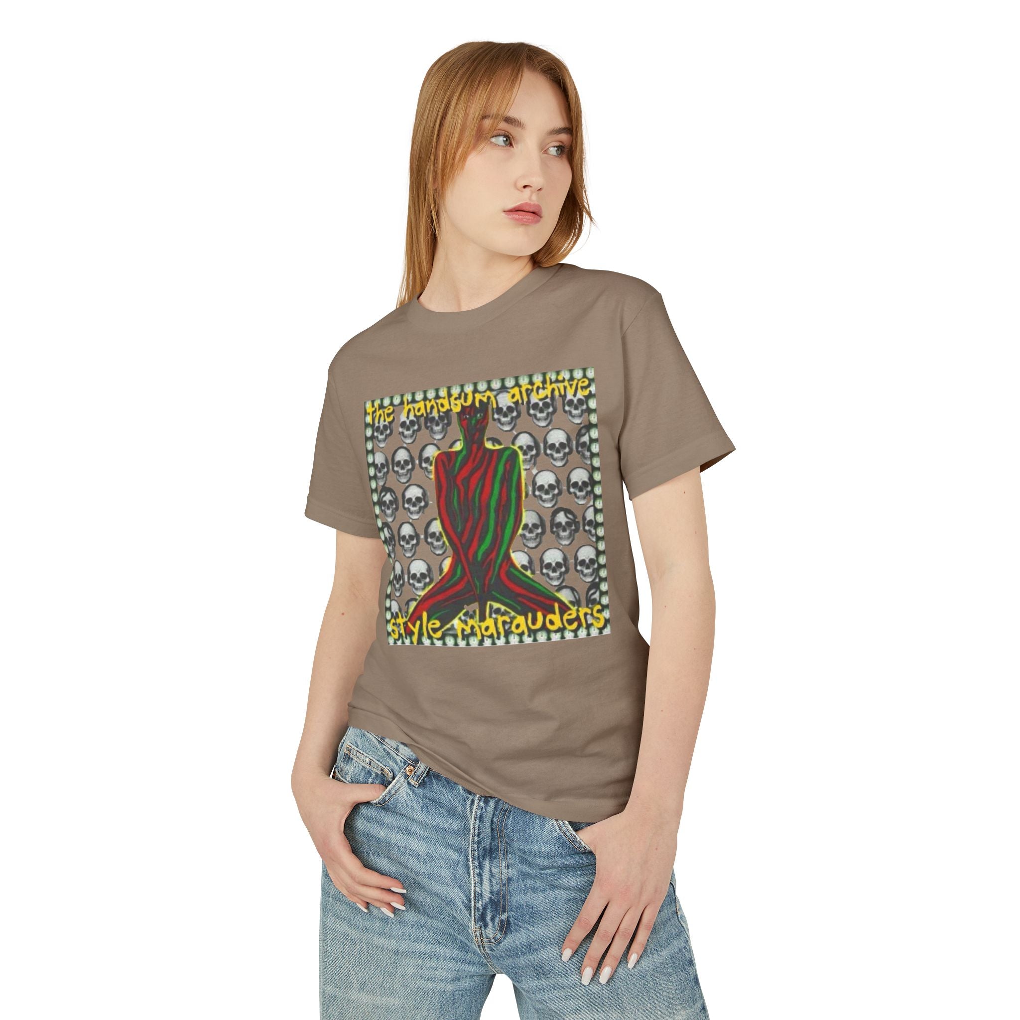 Marauders graphic tee in faded dark brown with colorful skull pattern and red hand front print