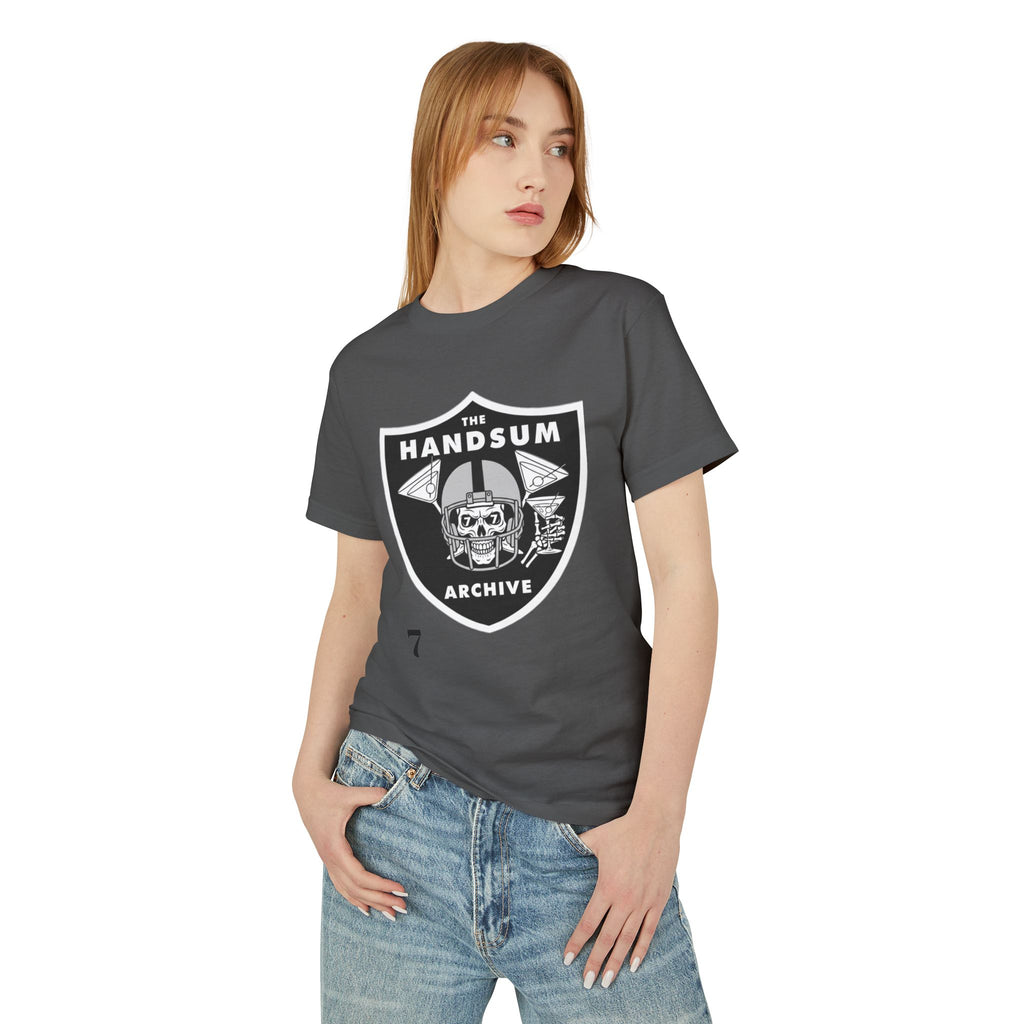 Charcoal cotton T-shirt with Handsum Archive shield skull graphic on chest