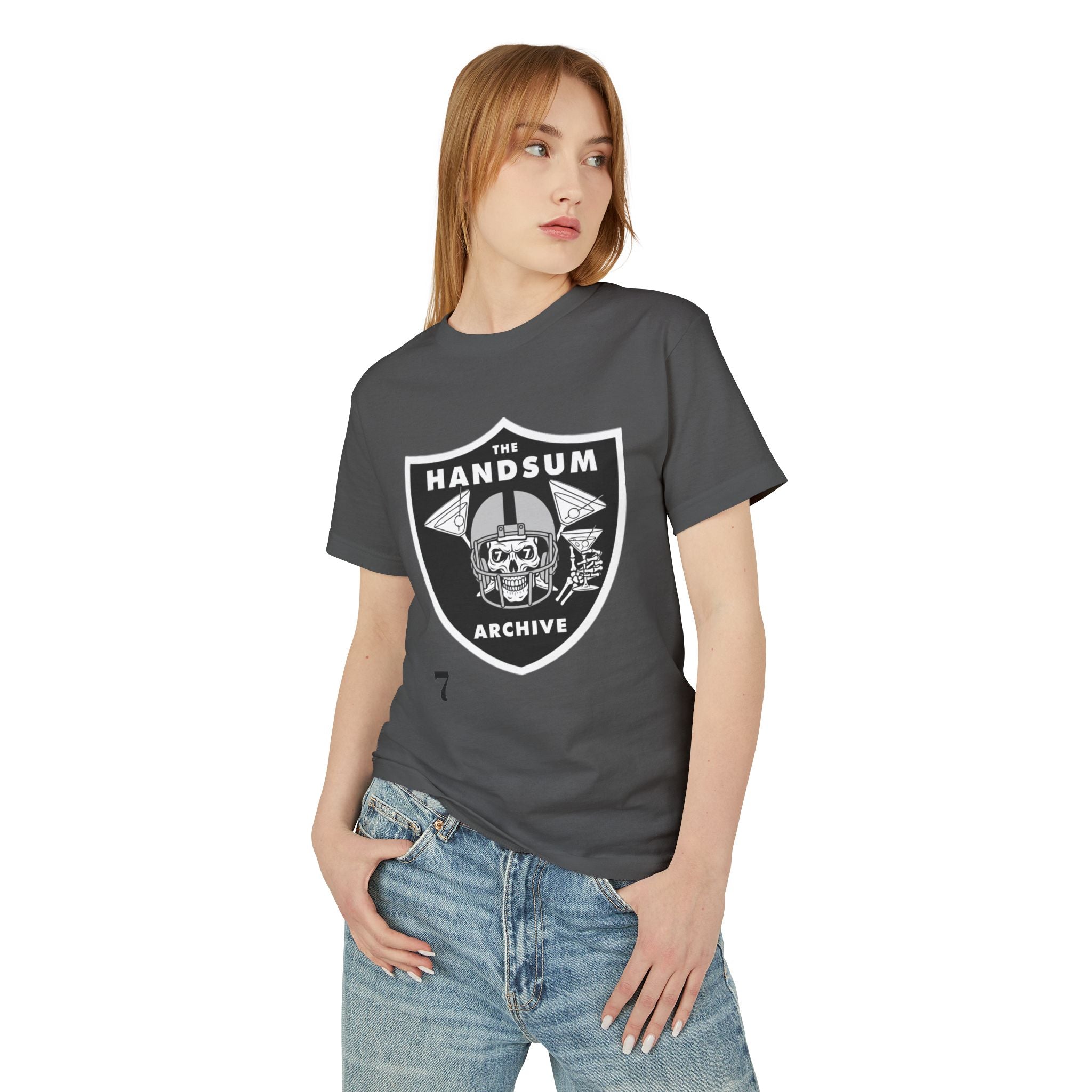 Charcoal cotton T-shirt with Handsum Archive shield skull graphic on chest