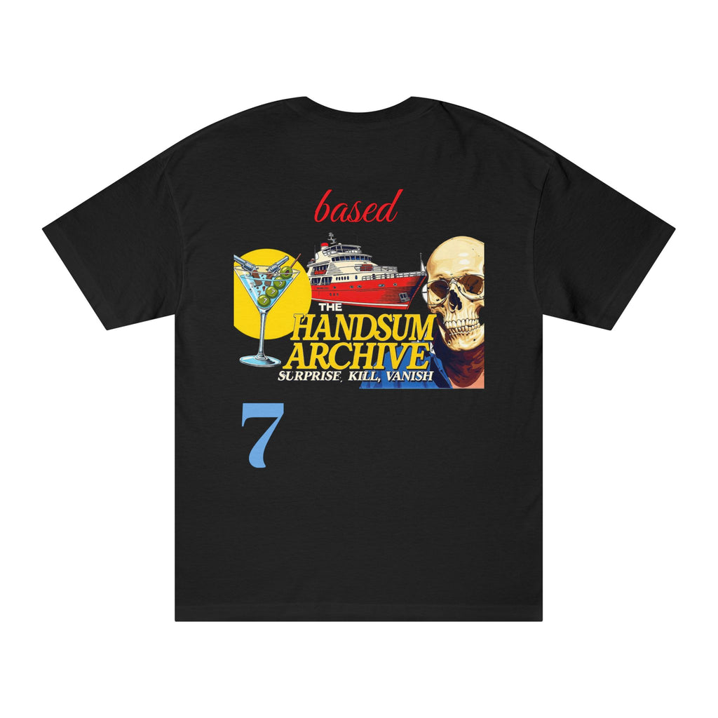 Black graphic tee with skull-yacht cocktail collage, red 'based' and blue '7' on back