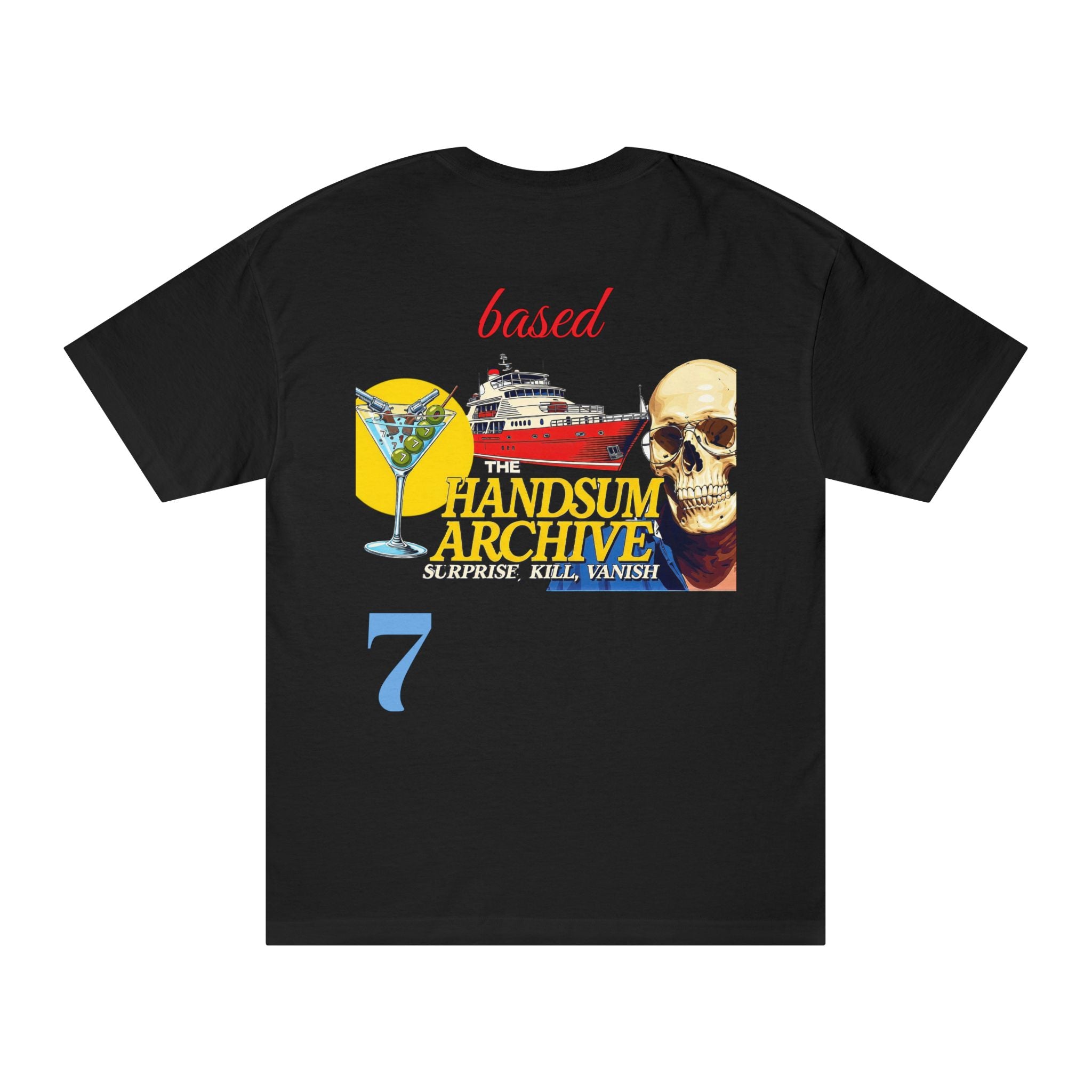 Black graphic tee with skull-yacht cocktail collage, red 'based' and blue '7' on back