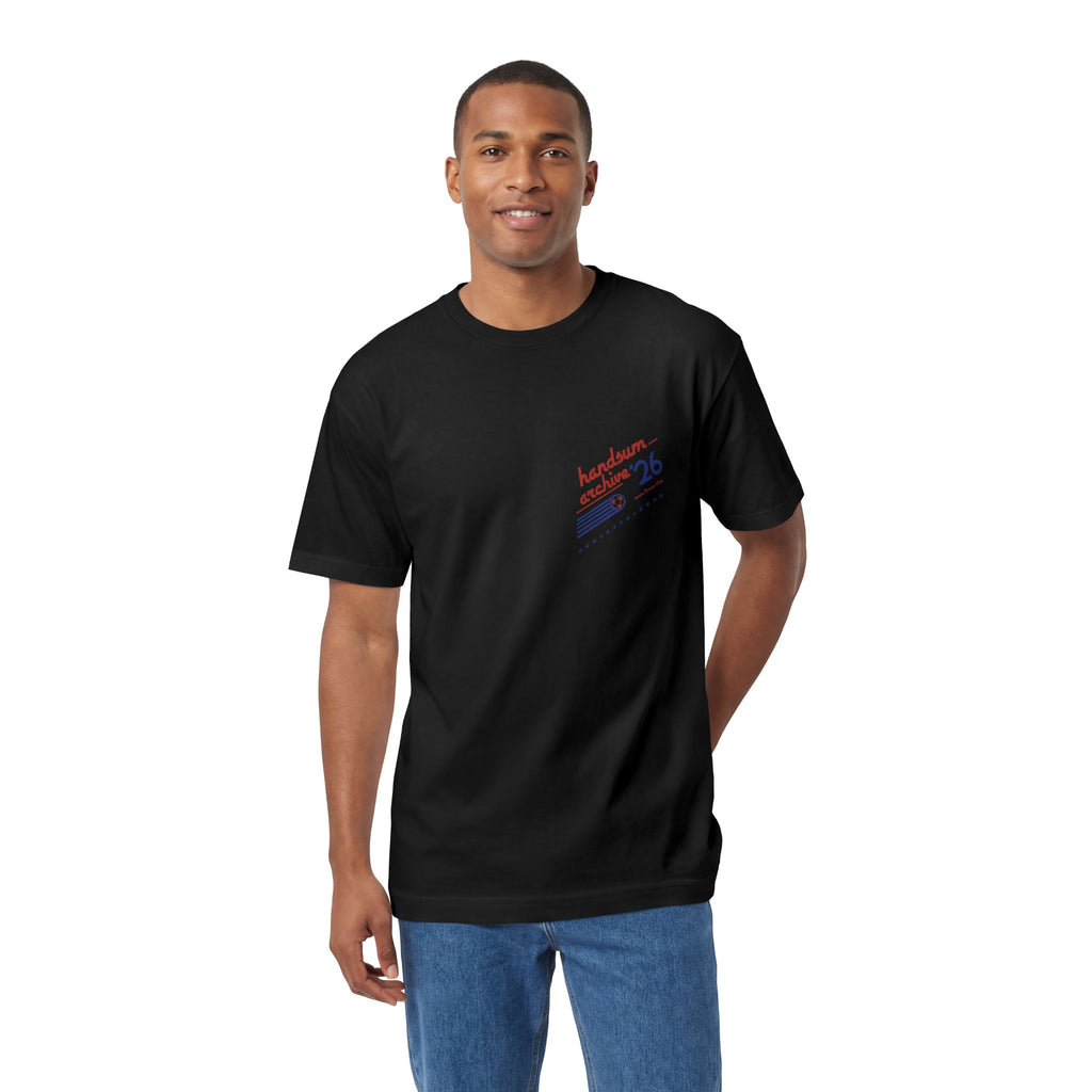 Black crewneck T-shirt with small chest logo graphic print and short sleeves.