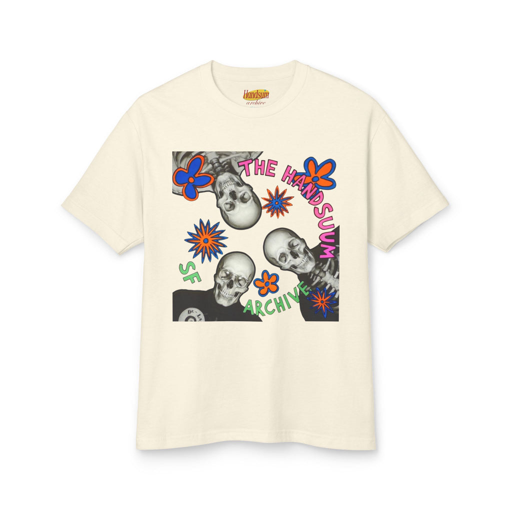 Cream graphic T-shirt front with skulls, flowers, and "The Handsum Archiv" print