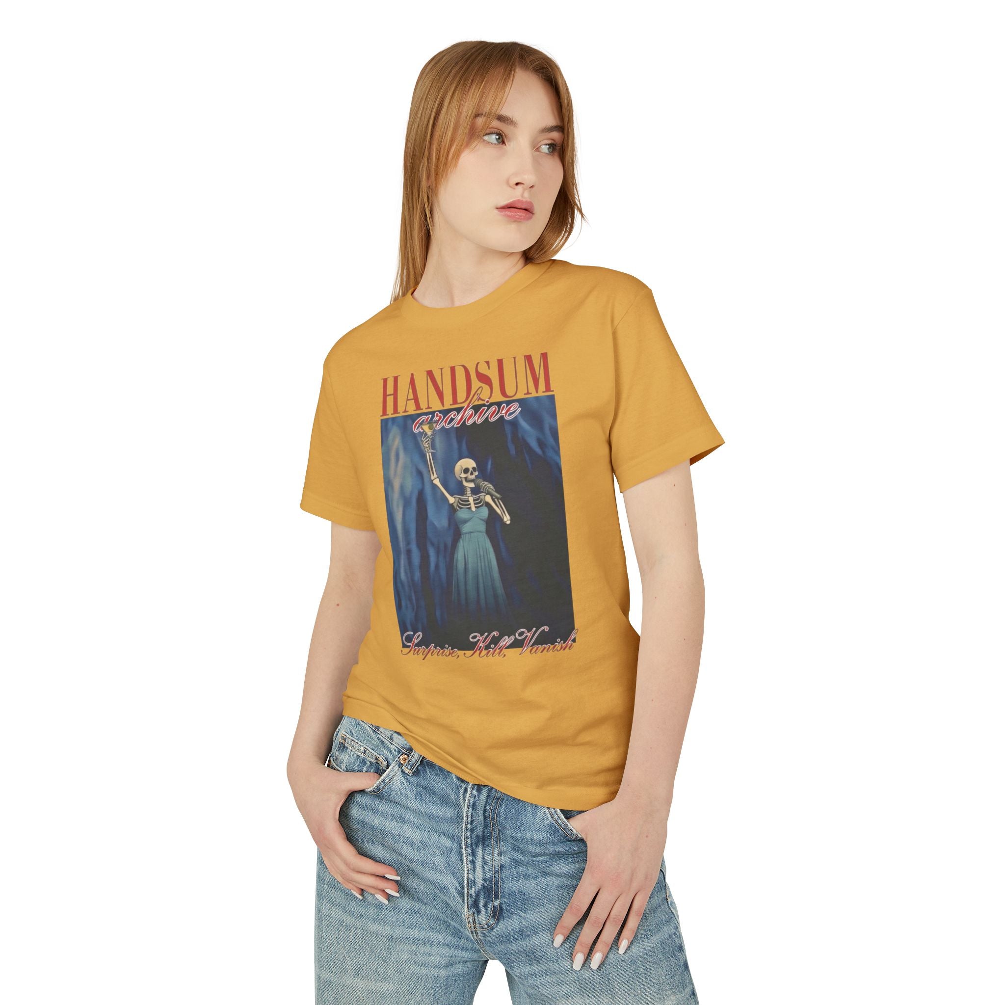 Faded brown unisex graphic tee with front blue robe-style character print