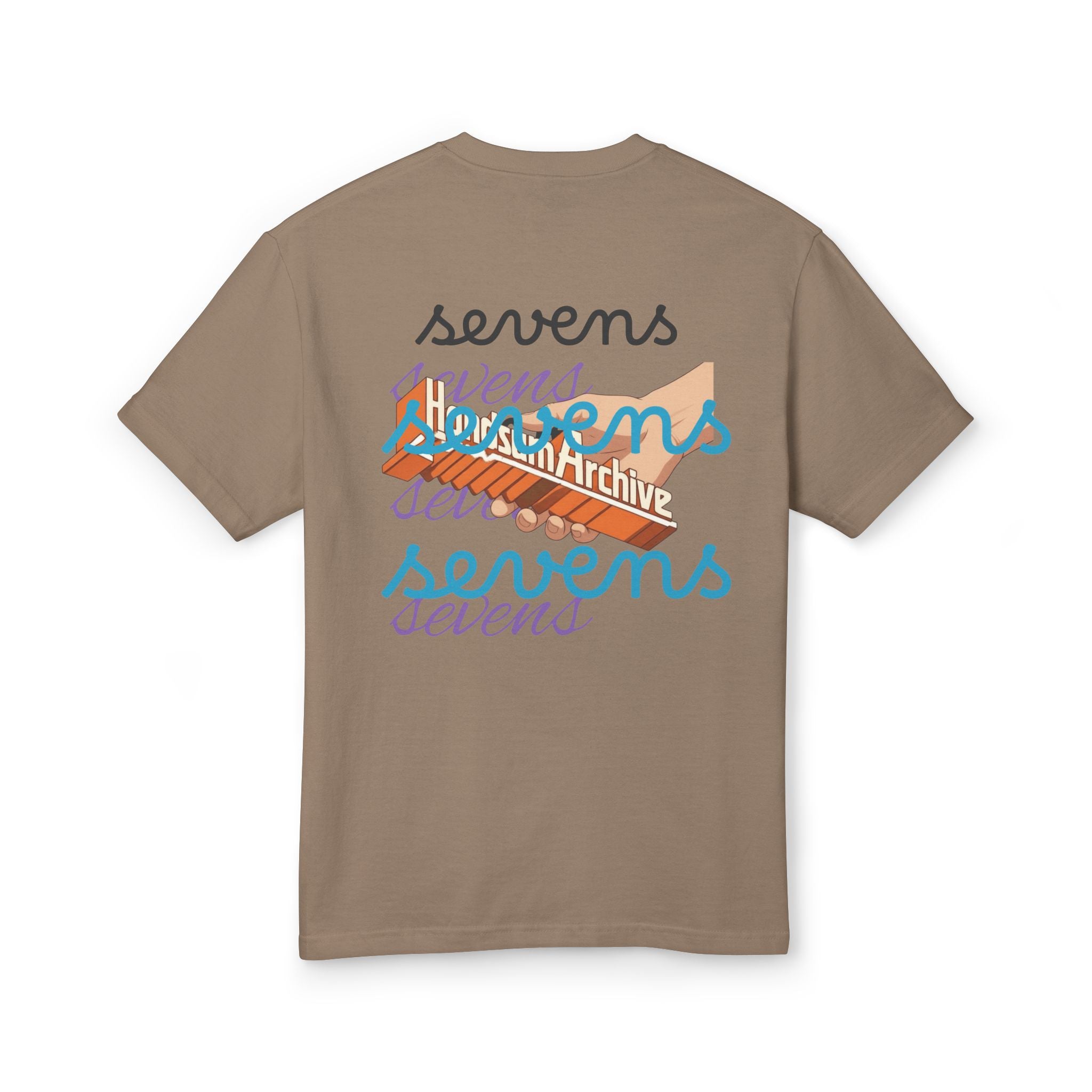Faded mustard crewneck tee with multicolor back graphic text