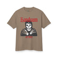 Faded brown Misfit tee with skull portrait graphic and red "archive" text