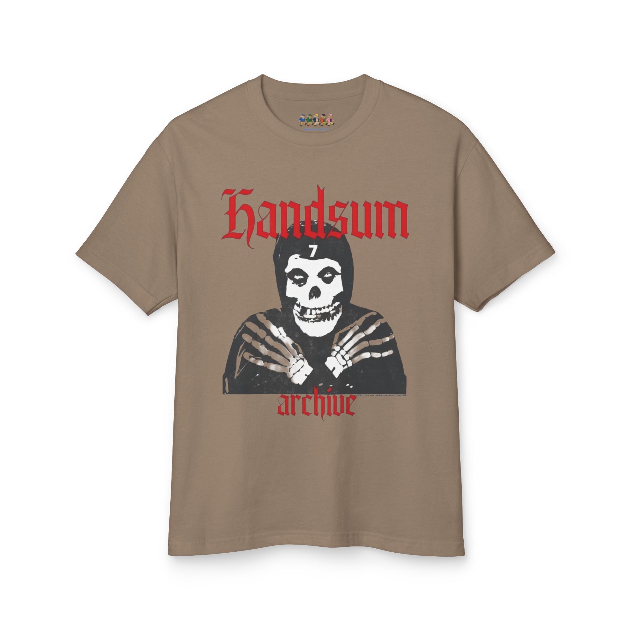 Faded brown Misfit tee with skull portrait graphic and red "archive" text