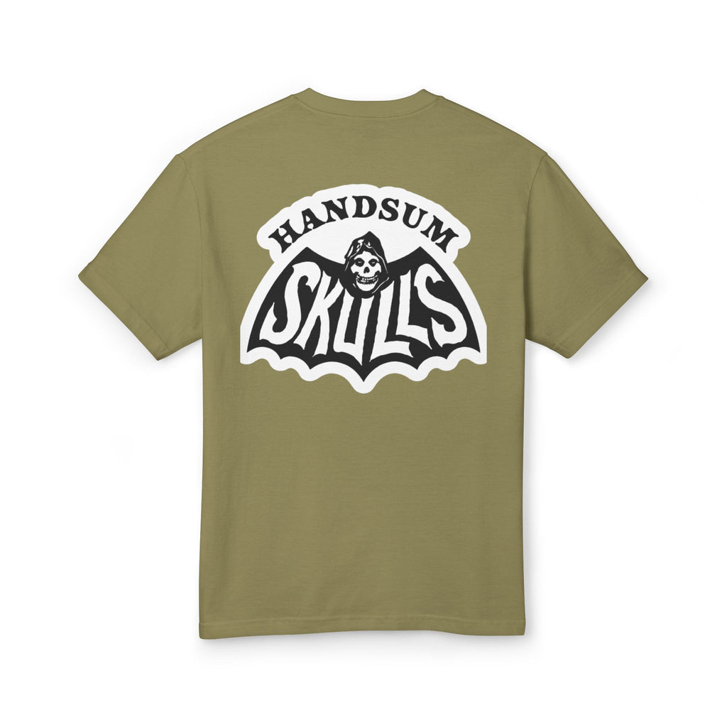 Olive Misfit tee, back graphic with white "SKULLS" lettering