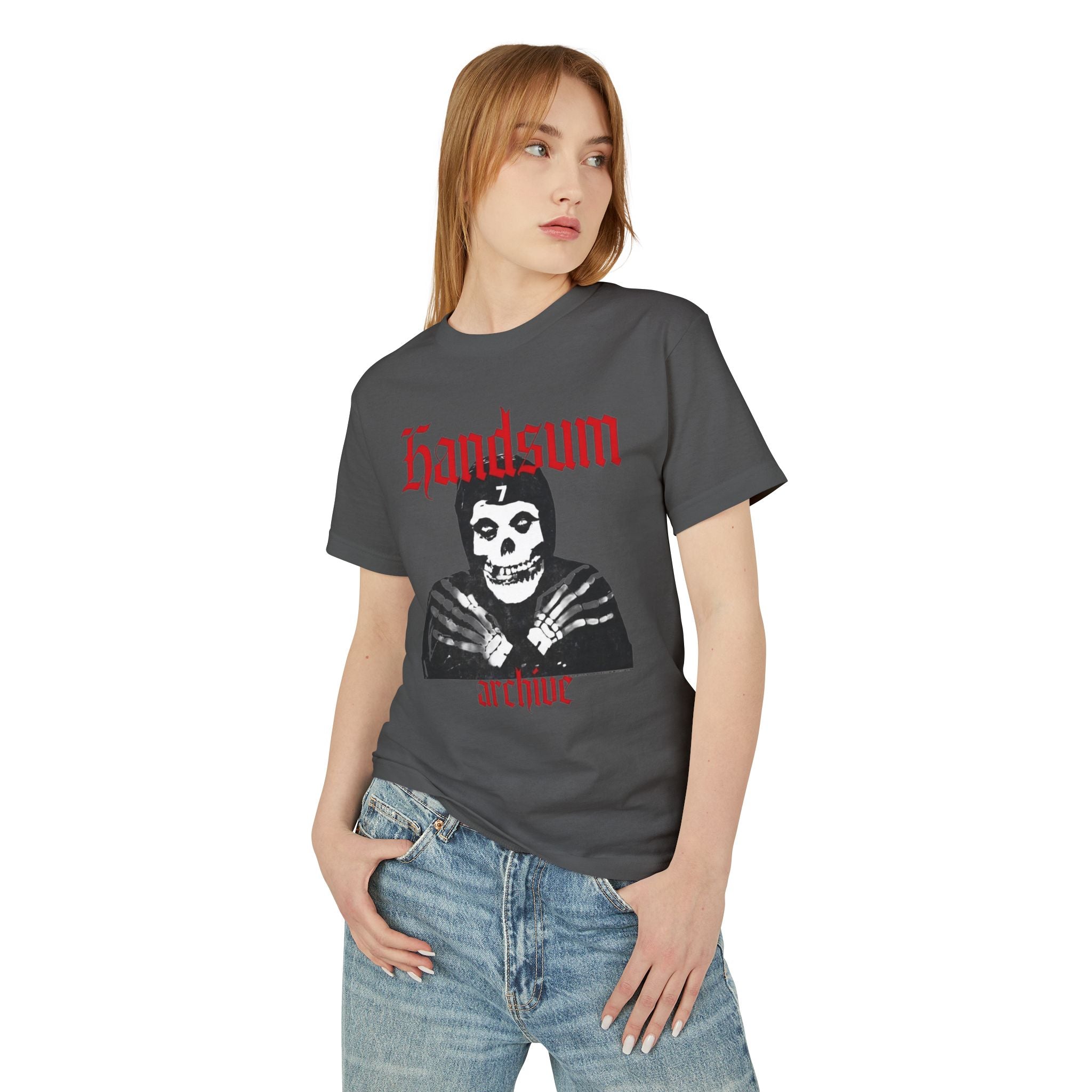 Charcoal graphic crewneck T-shirt with skull portrait and red logo print on front