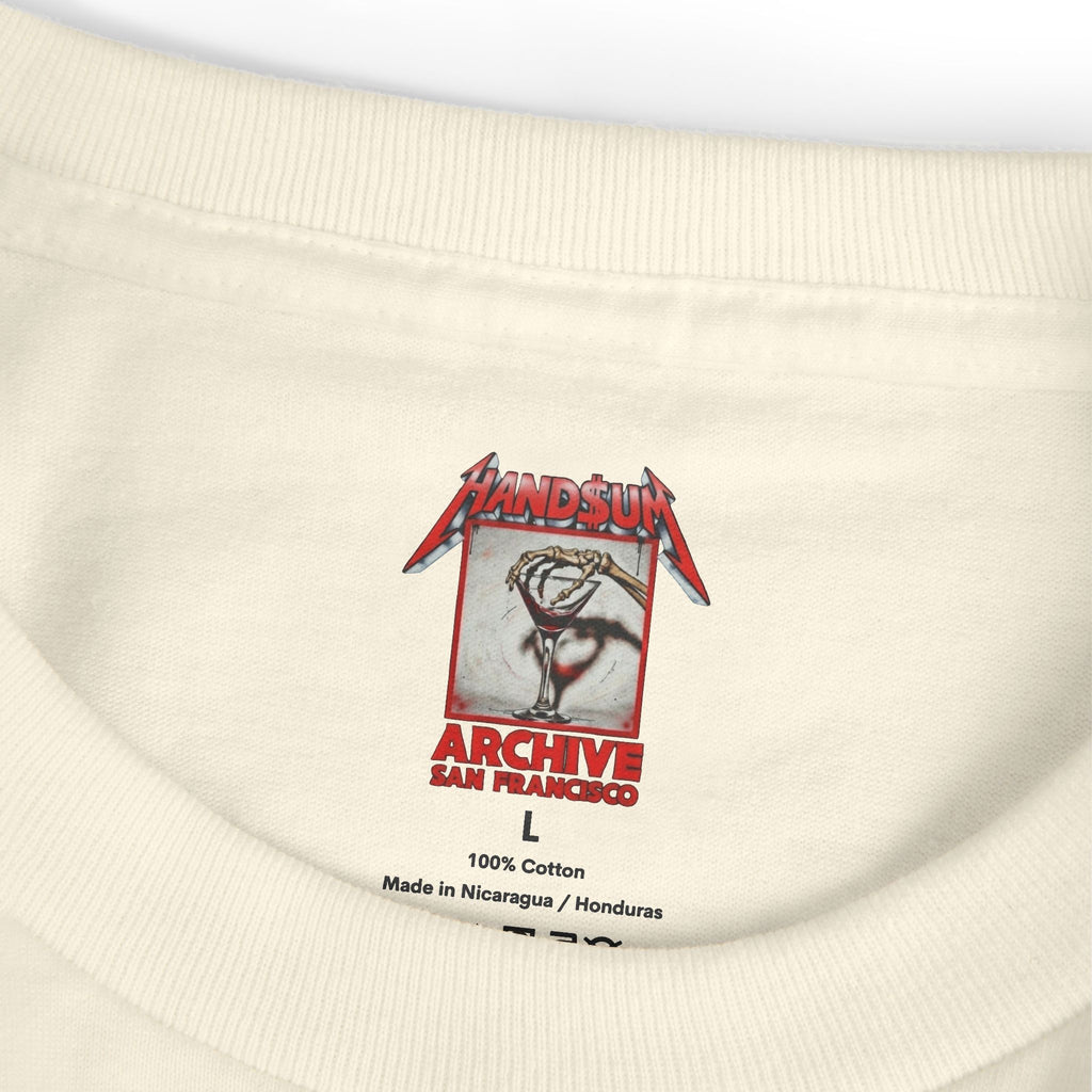 Murder Tee neckline close-up with “Handsum Archive San Francisco” label