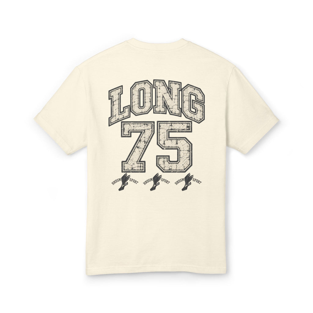 Cream crewneck T-shirt with 'LONG 75' back graphic and small boot icons