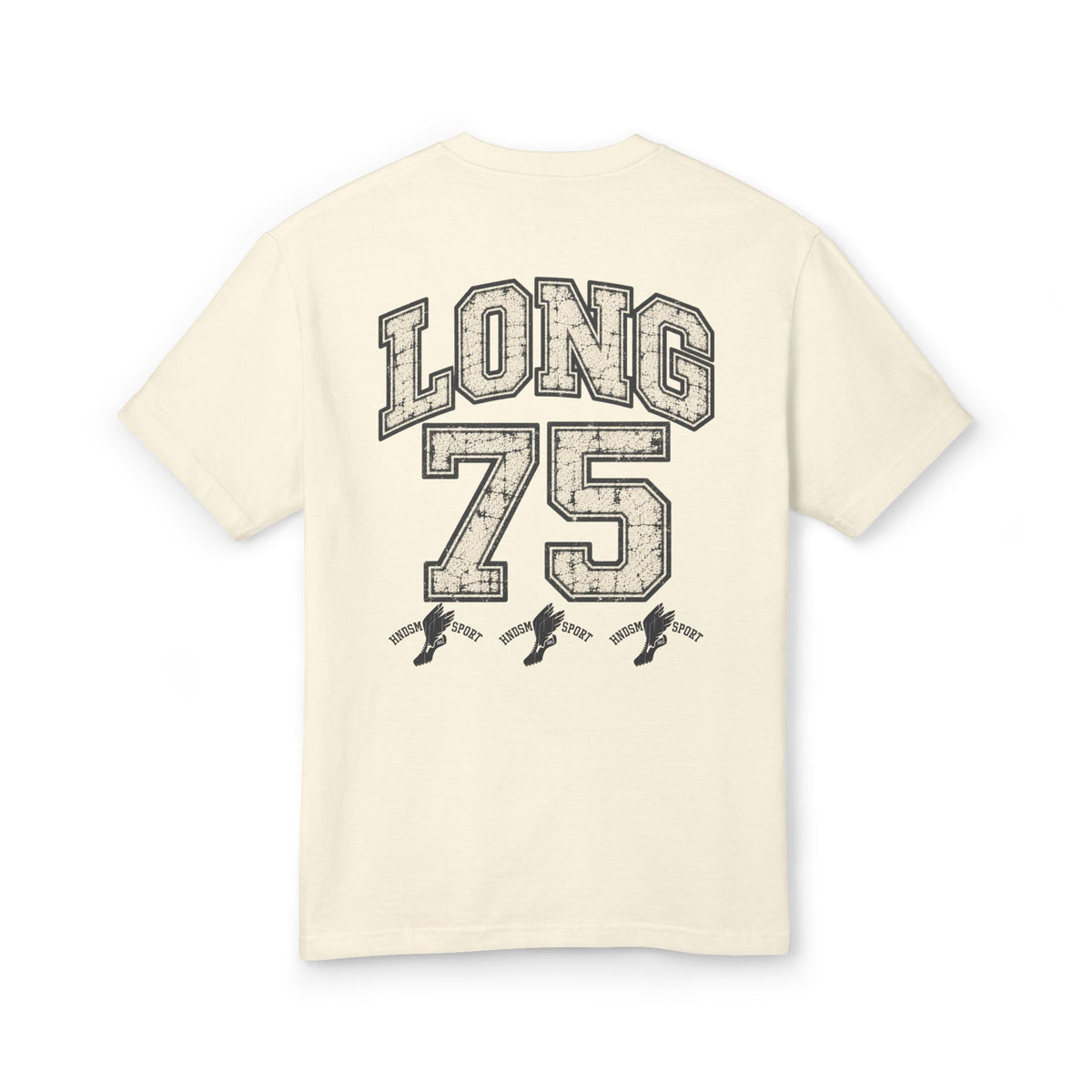 Cream crewneck T-shirt with 'LONG 75' back graphic and small boot icons