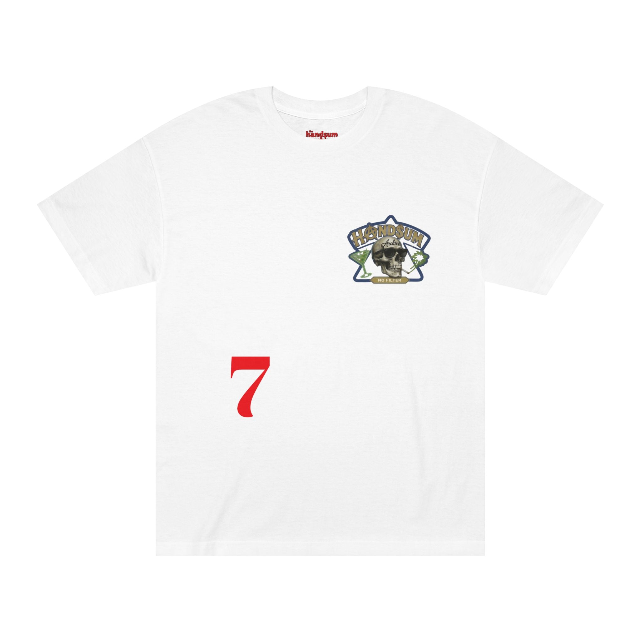 White graphic T-shirt with motorcycle skull patch logo and red number 7 on front