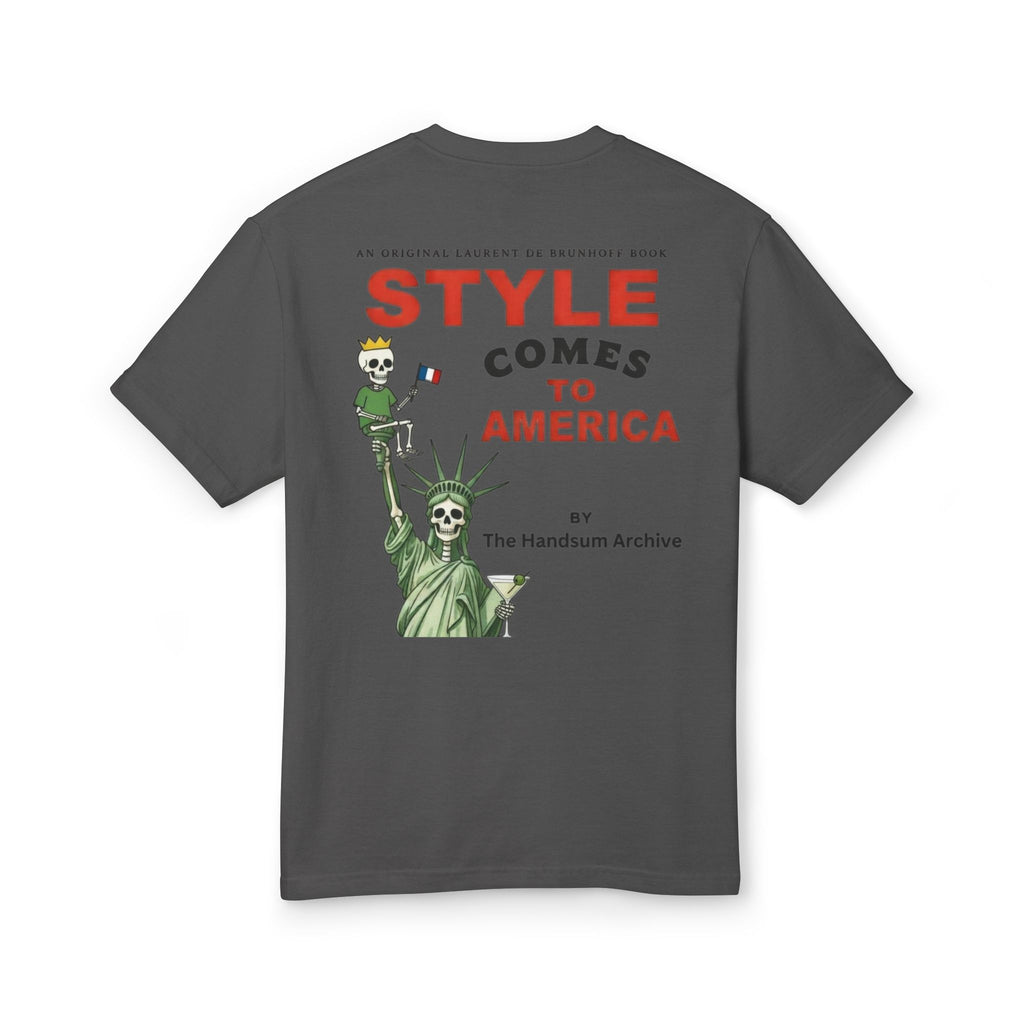 Dark gray cotton T-shirt with large back Statue of Liberty-style graphic