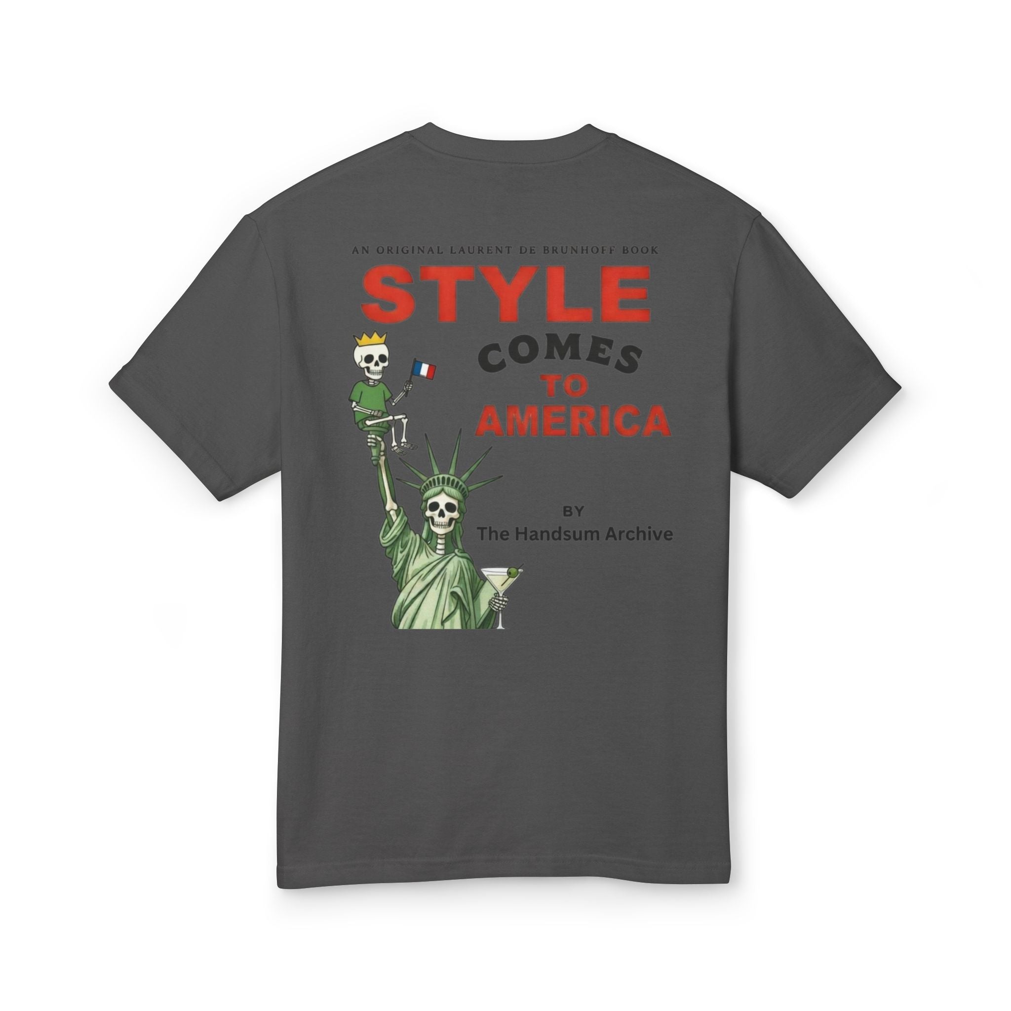 Dark gray cotton T-shirt with large back Statue of Liberty-style graphic