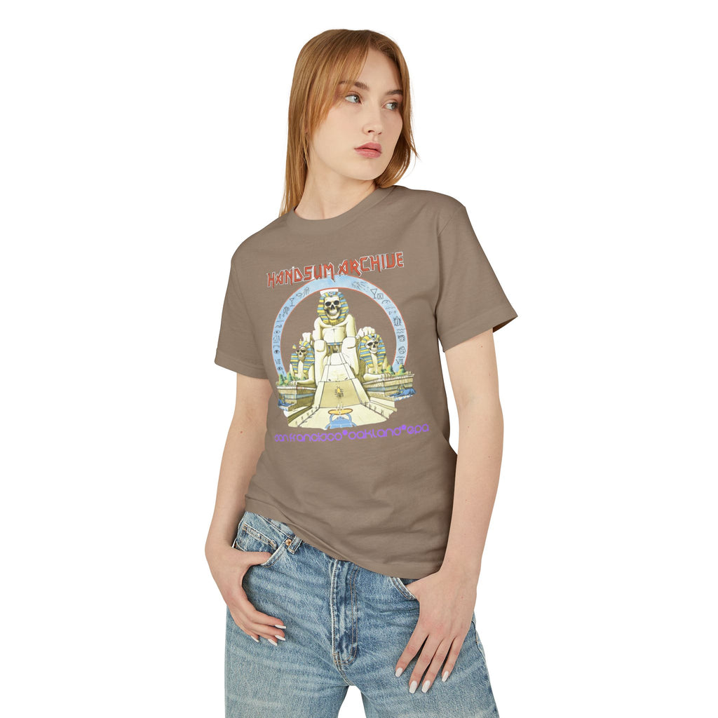 Faded brown Pharaoh graphic T-shirt on model, showing chest illustration and crew neck