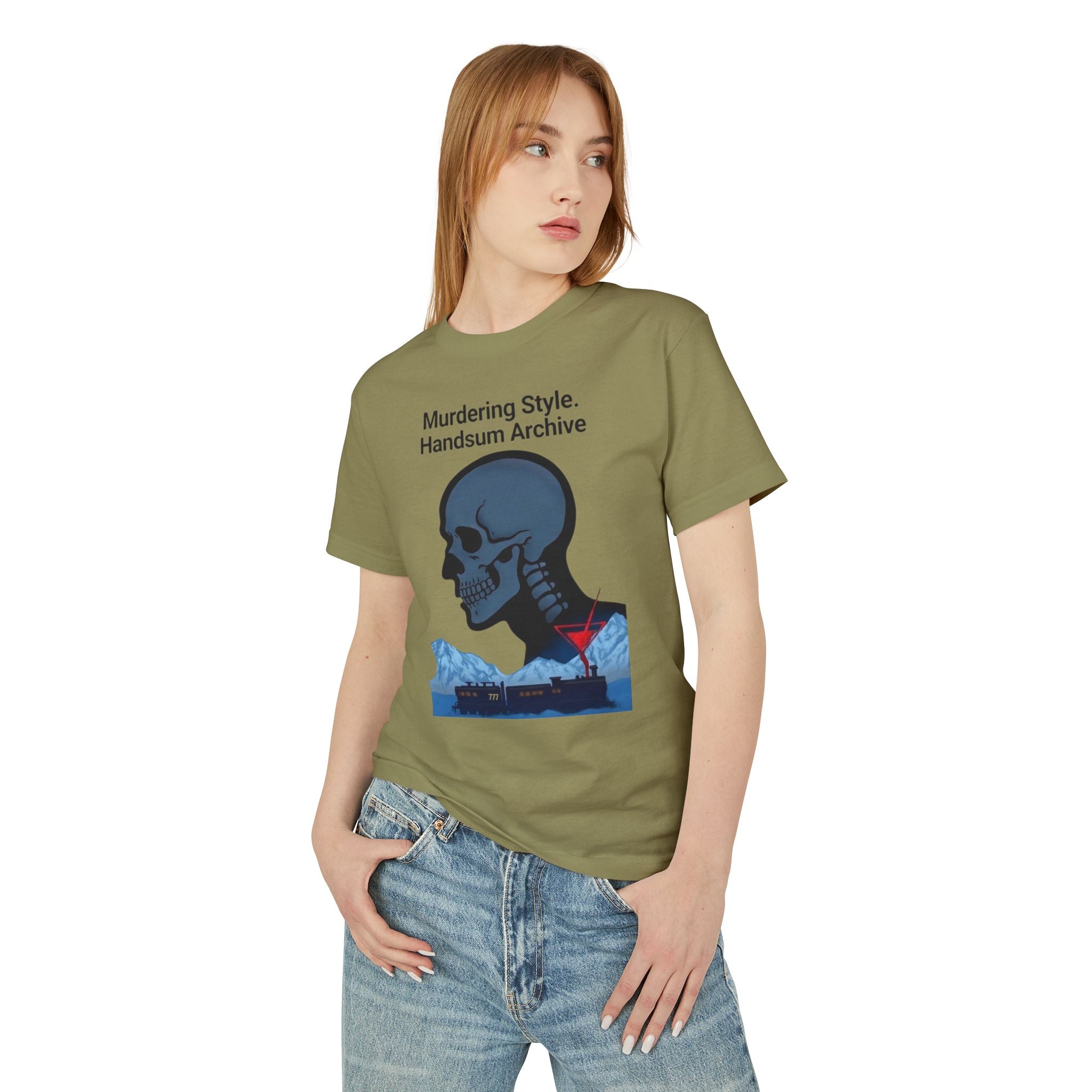 Olive crewneck graphic tee with skull and hands Archive front print