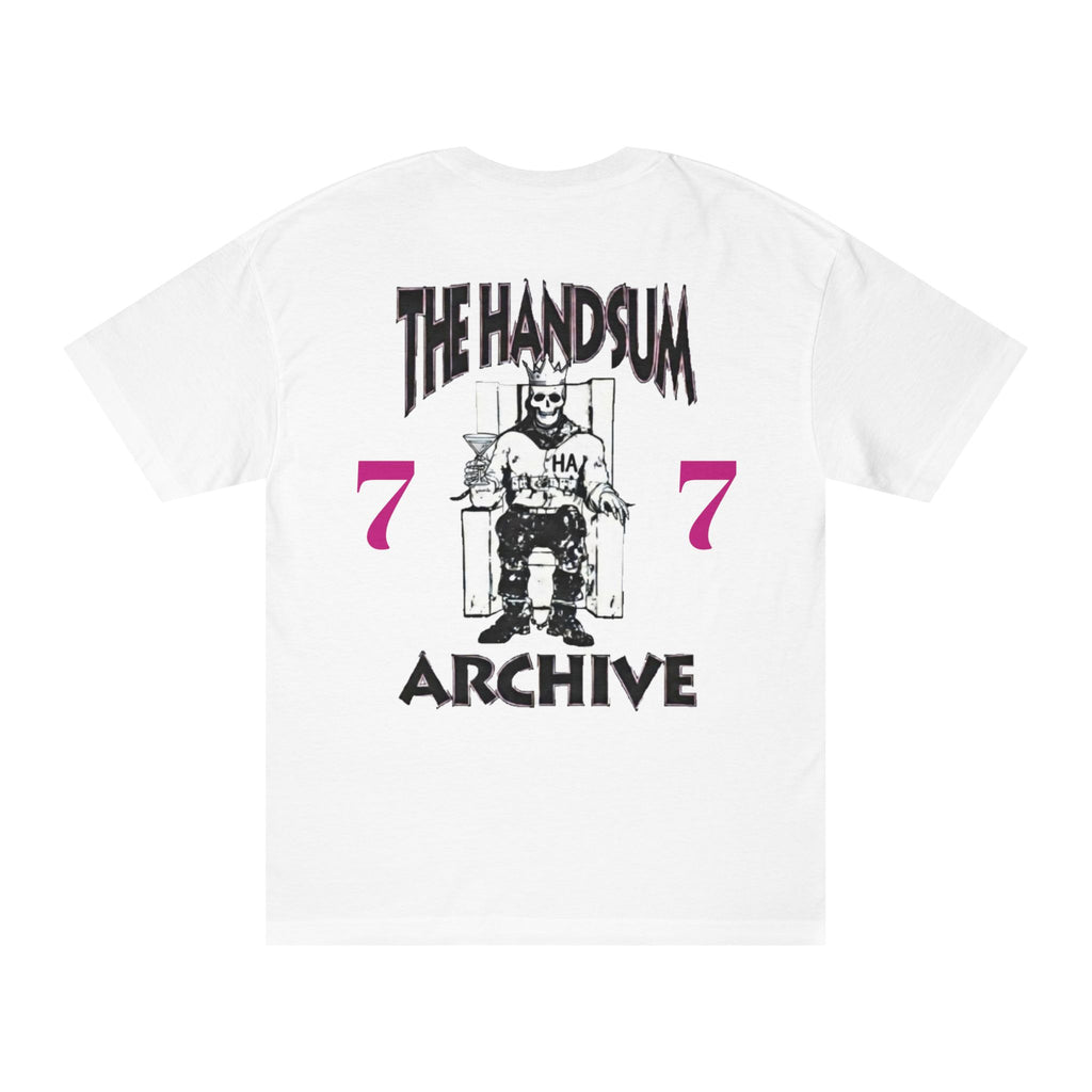 White crewneck tee with large back graphic reading "The Handsum Archive"