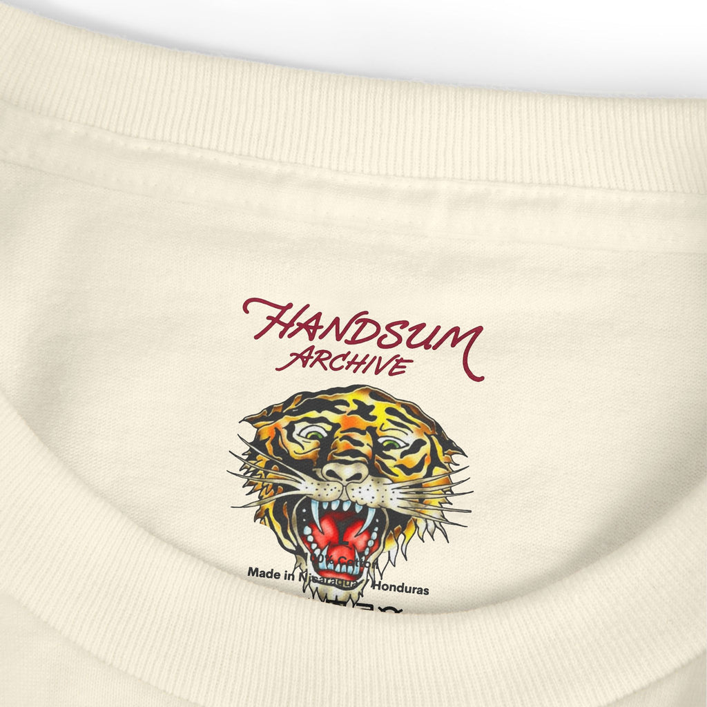 Cream T-shirt with tiger head graphic and Handsum Archive logo at the chest