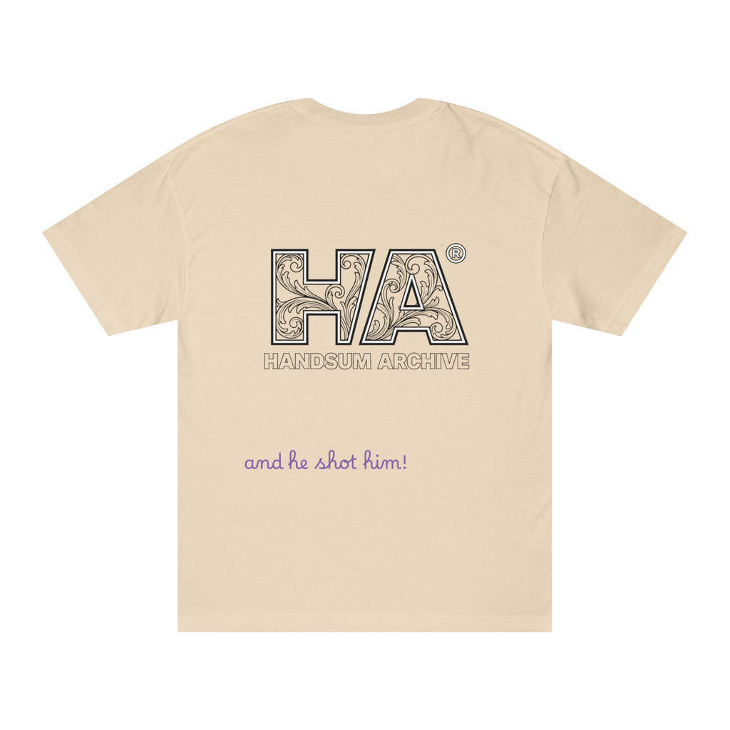 Beige crew neck T-shirt with large HA logo and purple script text