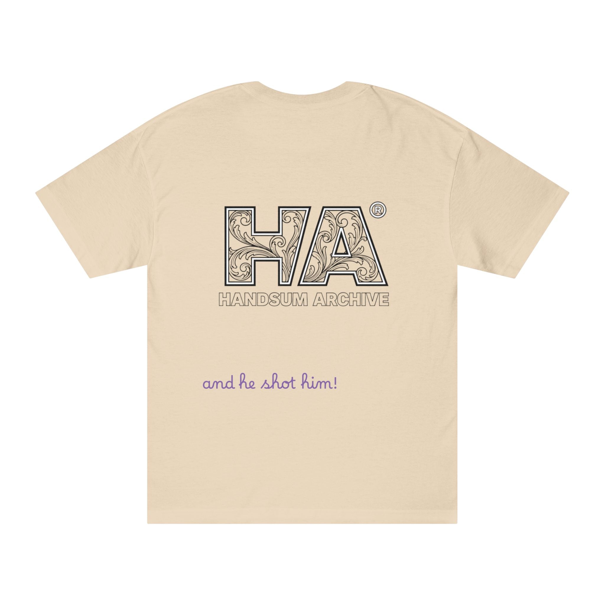 Beige crew neck T-shirt with large HA logo and purple script text