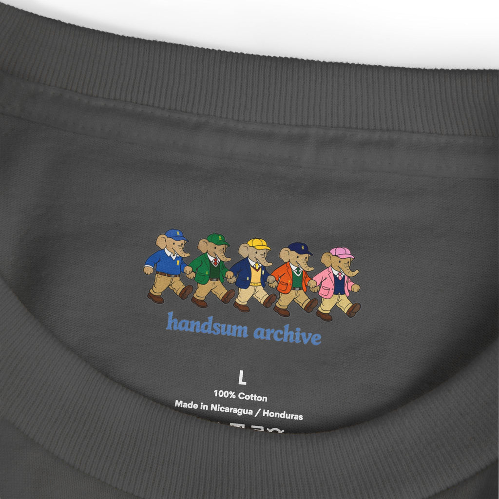 Charcoal T-shirt neck label: L, 100% cotton, made in Nicaragua/Honduras